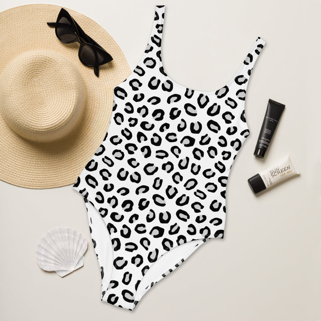 Women's Black & White Leopard Buttery Soft Swimsuit With UPF 50+