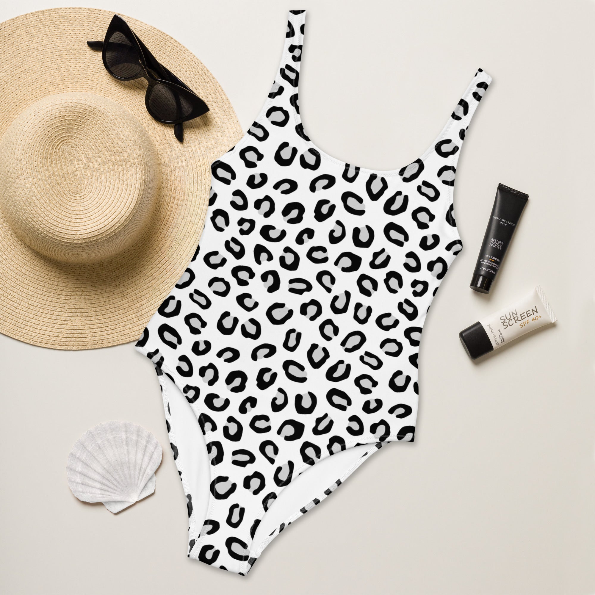 Women's Black & White Leopard Buttery Soft Swimsuit With UPF 50+