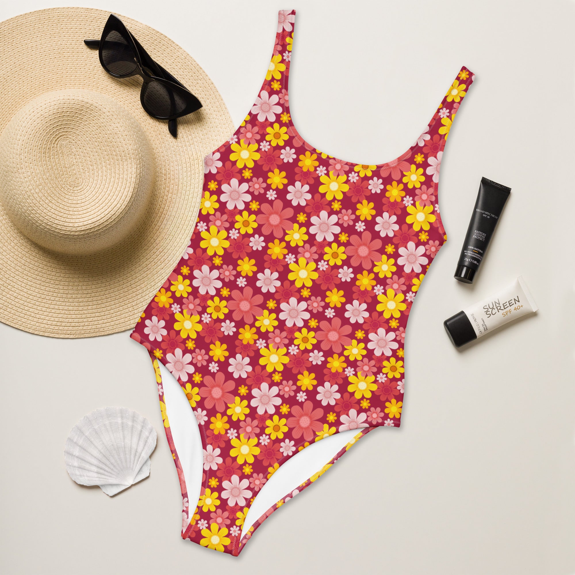Women's Red Floral Buttery Soft Swimsuit With UPF 50+