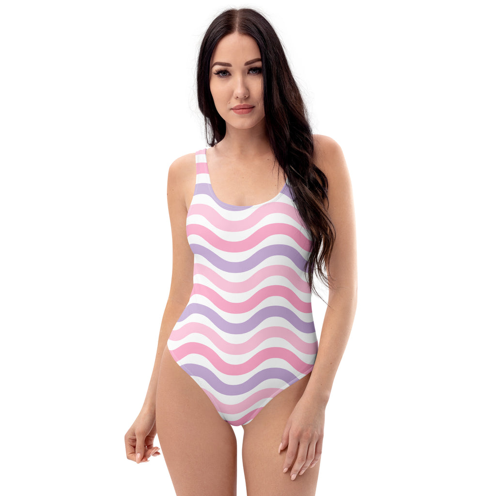 Women's Pink and Lavender Wavy Stripe Buttery Soft Swimsuit With UPF 50+