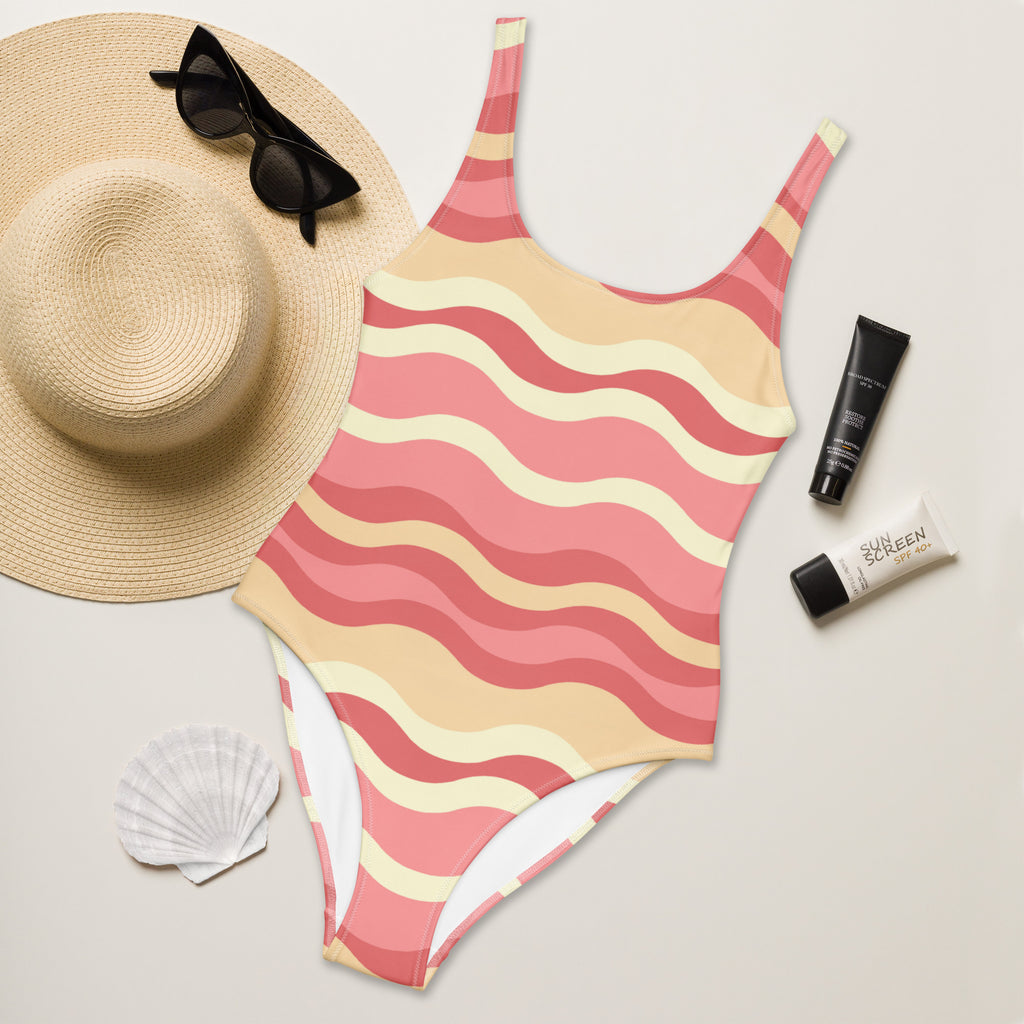 Women's Pink Retro Wave Buttery Soft Swimsuit With UPF 50+