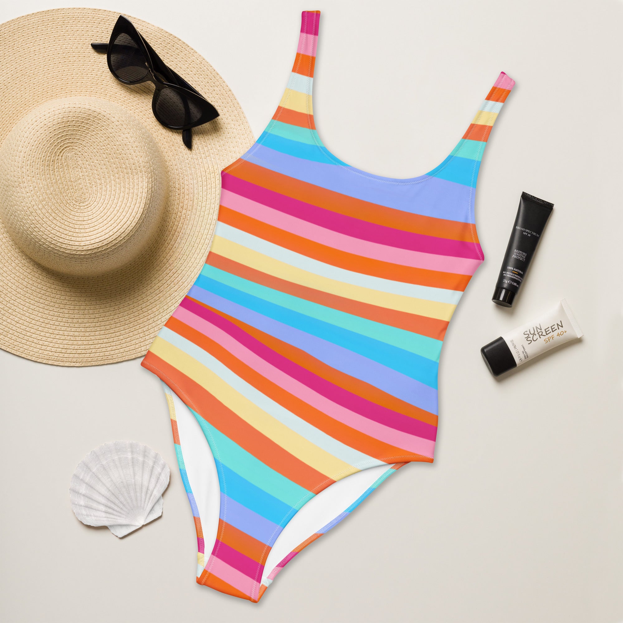 Women's Colorful Retro Stripe Buttery Soft Swimsuit With UPF 50+