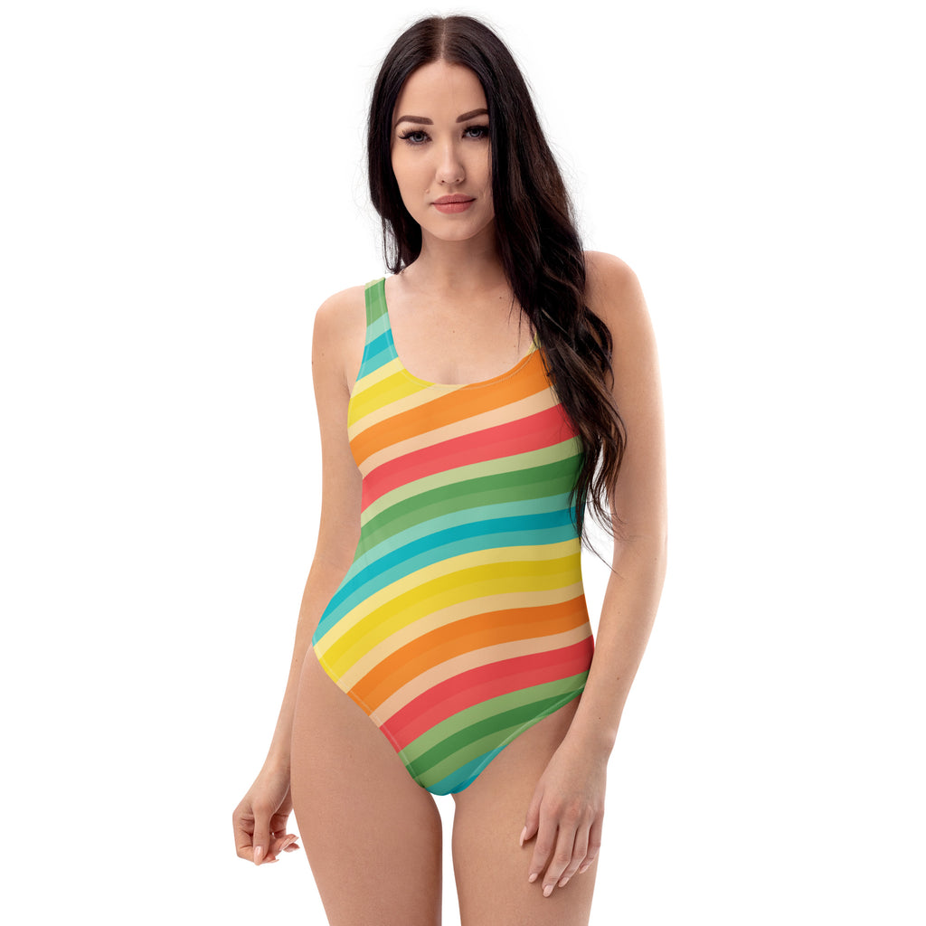 Women's Retro Striped Rainbow Buttery Soft Swimsuit With UPF 50+
