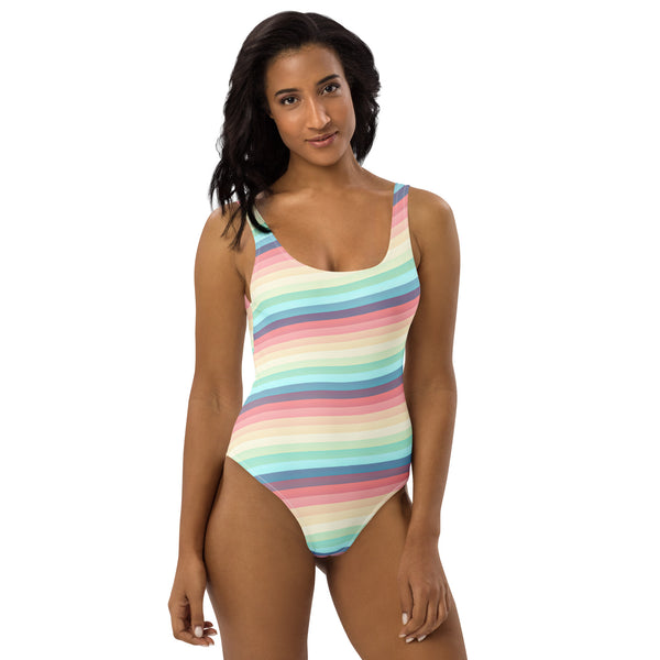 Women's Rainbow Coastal Stripe One Piece Swimsuit – Buttery Soft UPF 50+ Sun Protection, Quick Dry, Double Layered Front & 4-Way Stretch