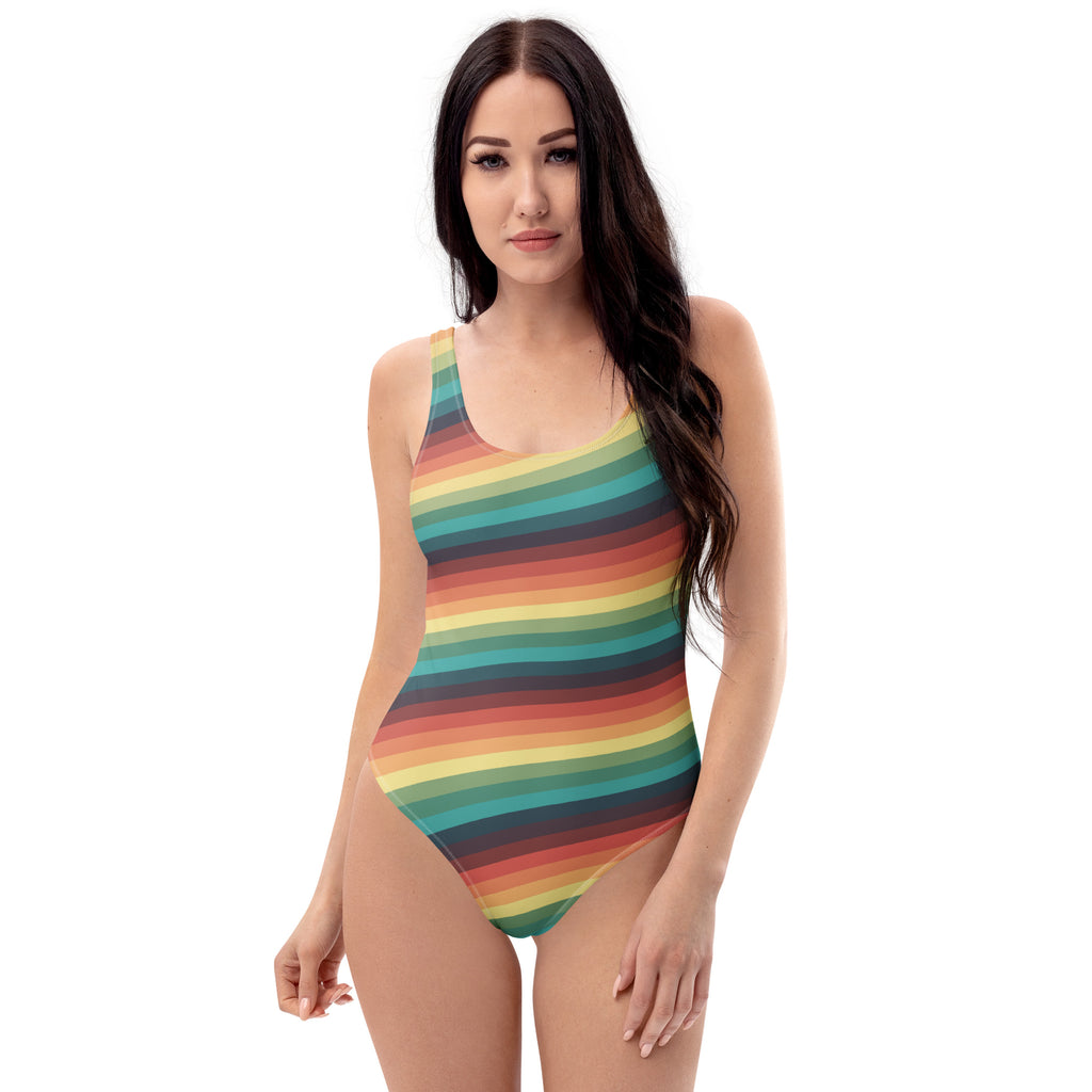 Women's Retro Rainbow Stripe Buttery Soft Swimsuit With UPF 50+