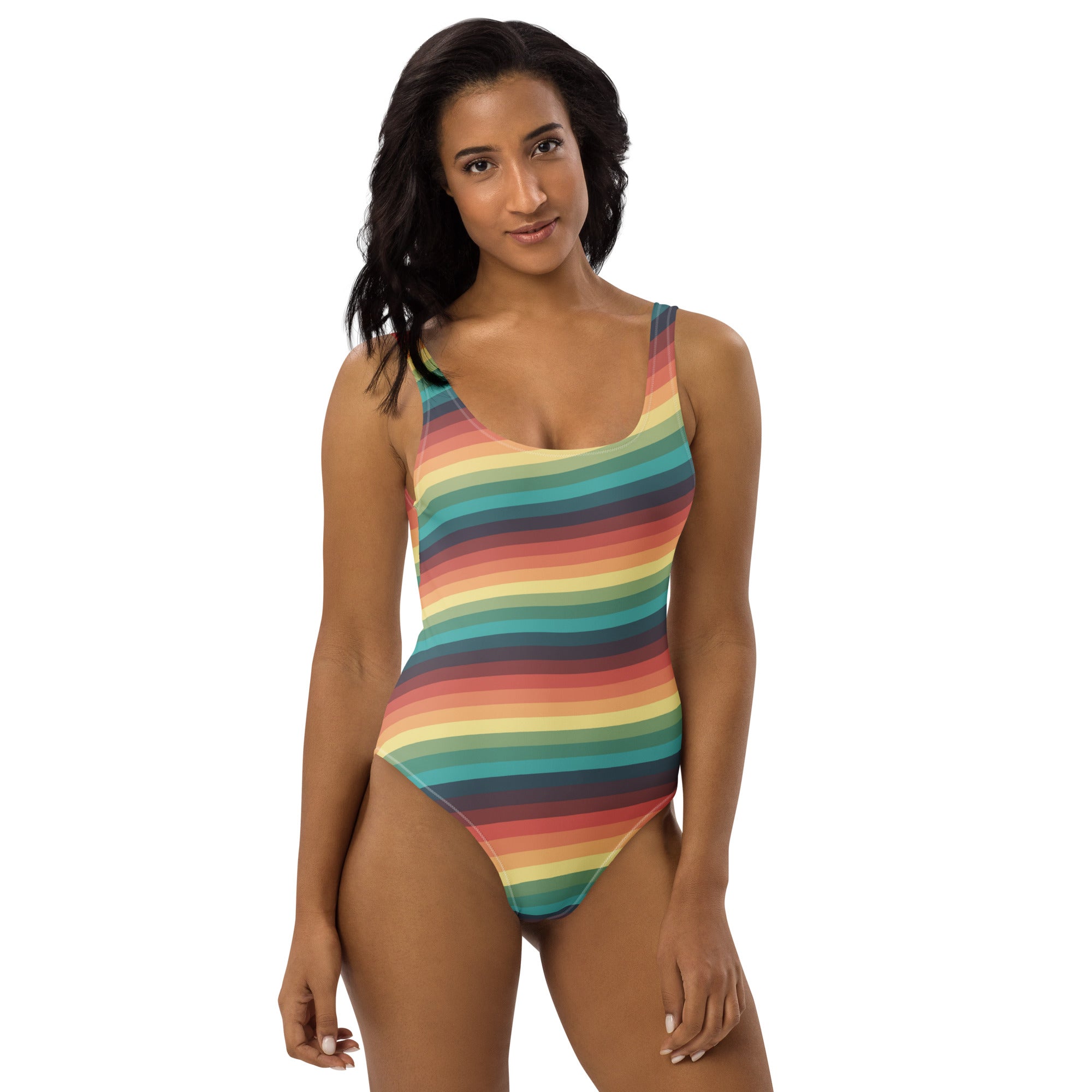 Women's Retro Rainbow Stripe Buttery Soft Swimsuit With UPF 50+