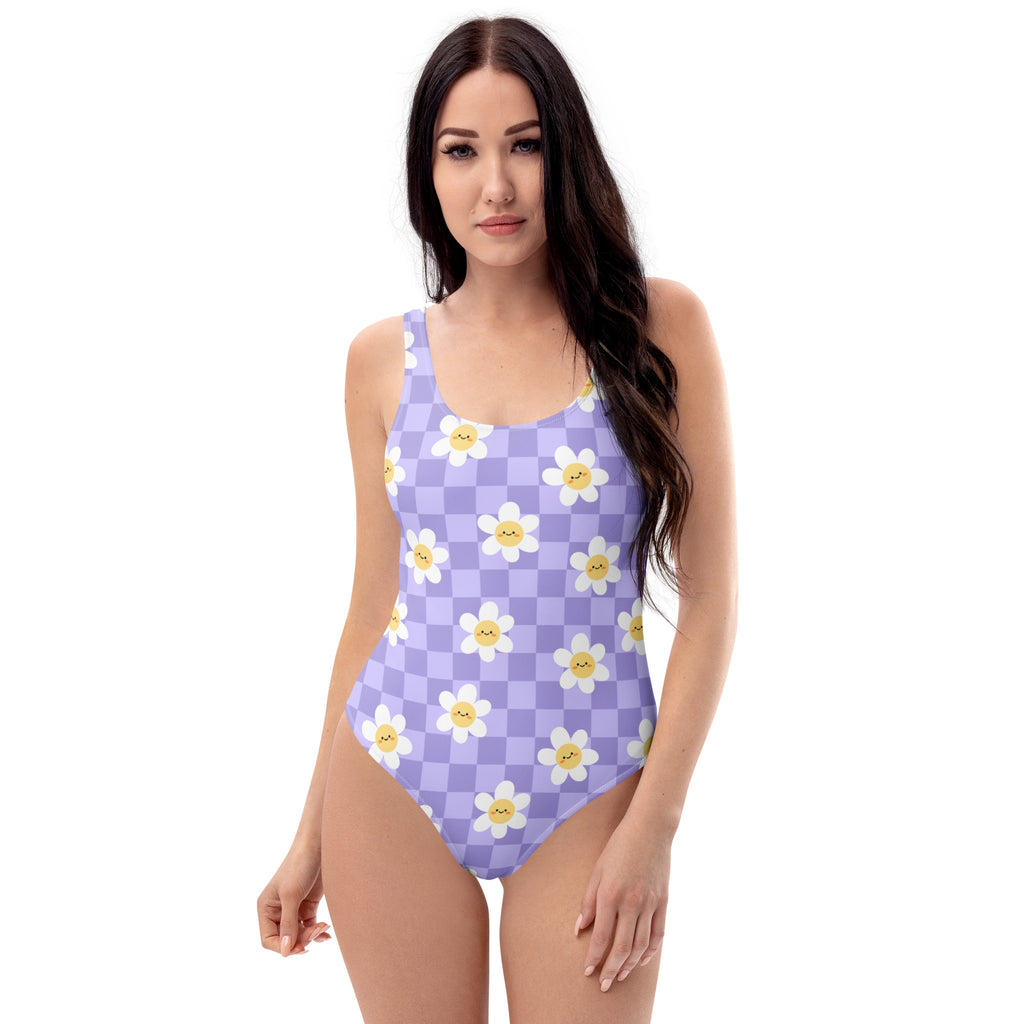 Women's Lavender Checkerboard Daisy Buttery Soft Swimsuit With UPF 50+