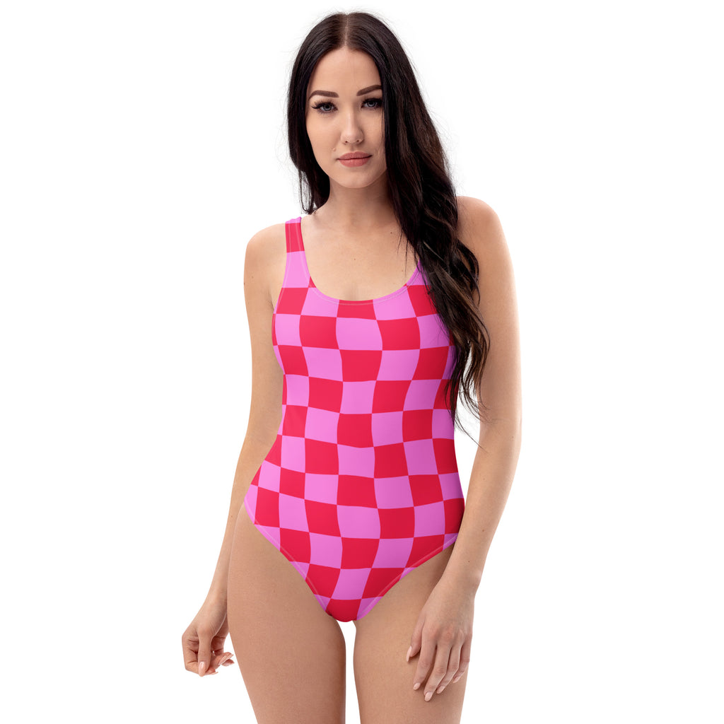Women's Pink Checkerboard Buttery Soft Swimsuit With UPF 50+