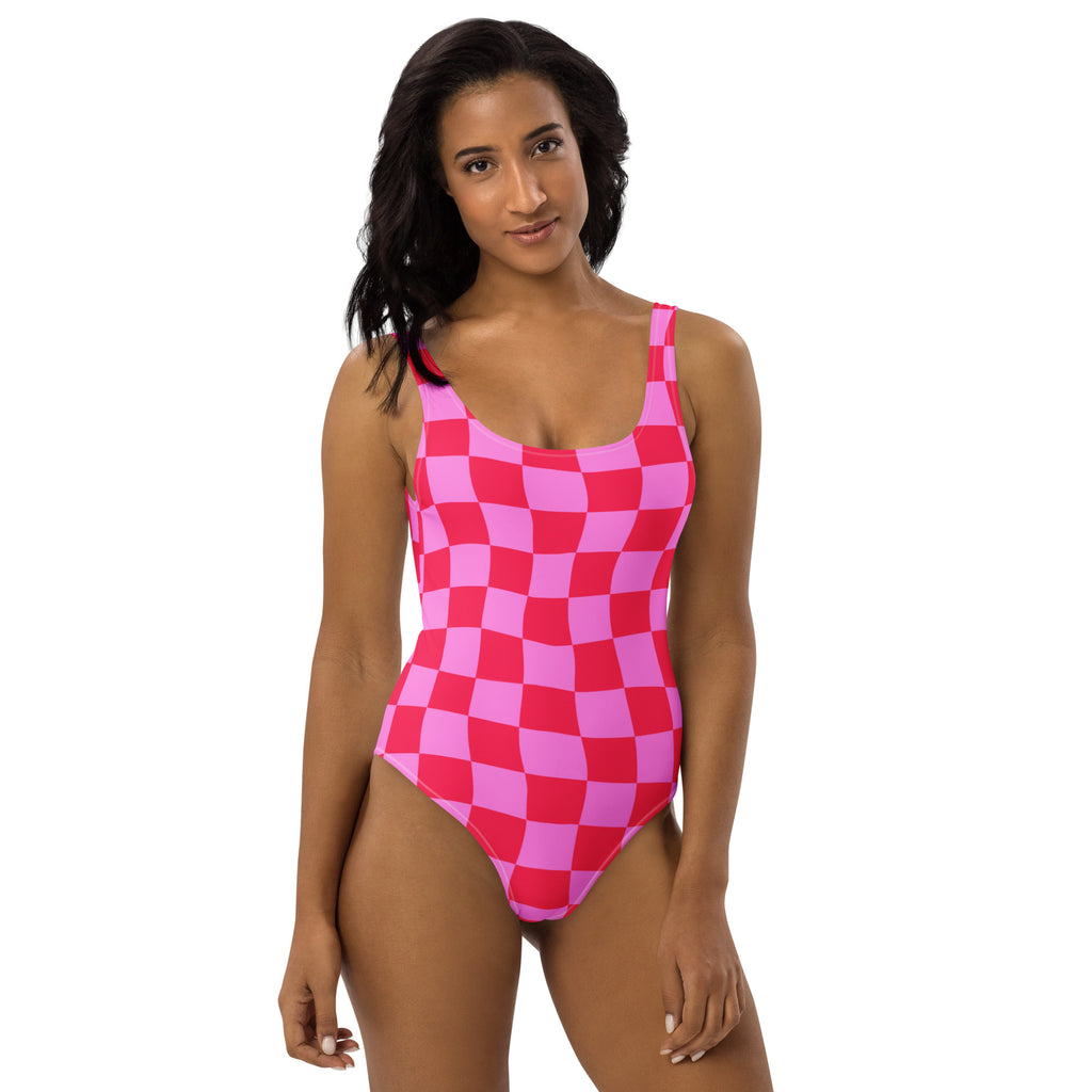 Women's Pink Checkerboard Buttery Soft Swimsuit With UPF 50+