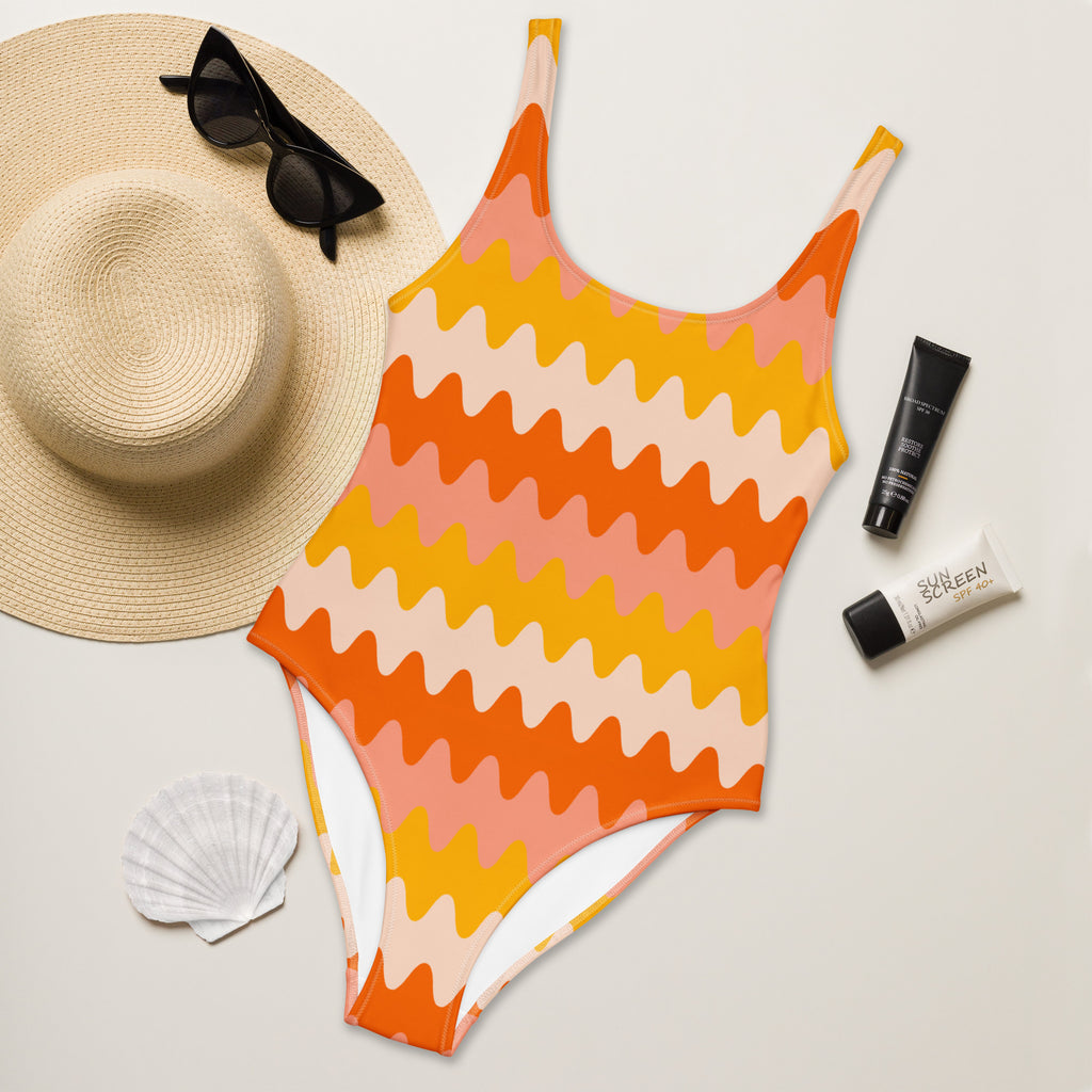Women's Orange Retro Wavy Buttery Soft Swimsuit With UPF 50+
