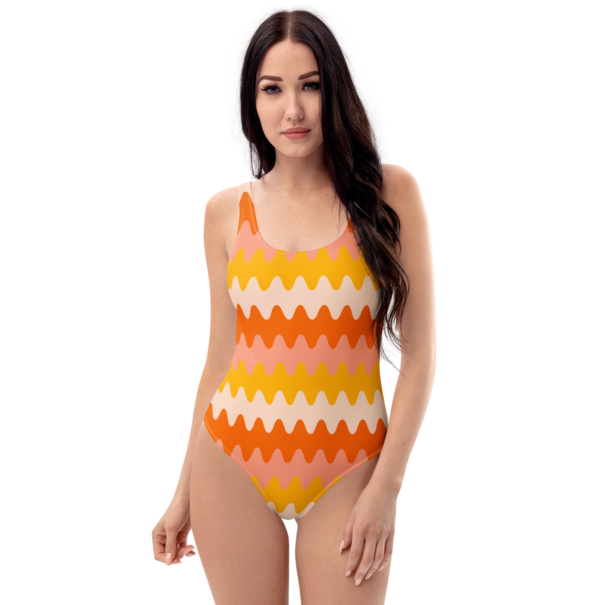 Women's Orange Retro Wavy Buttery Soft Swimsuit With UPF 50+