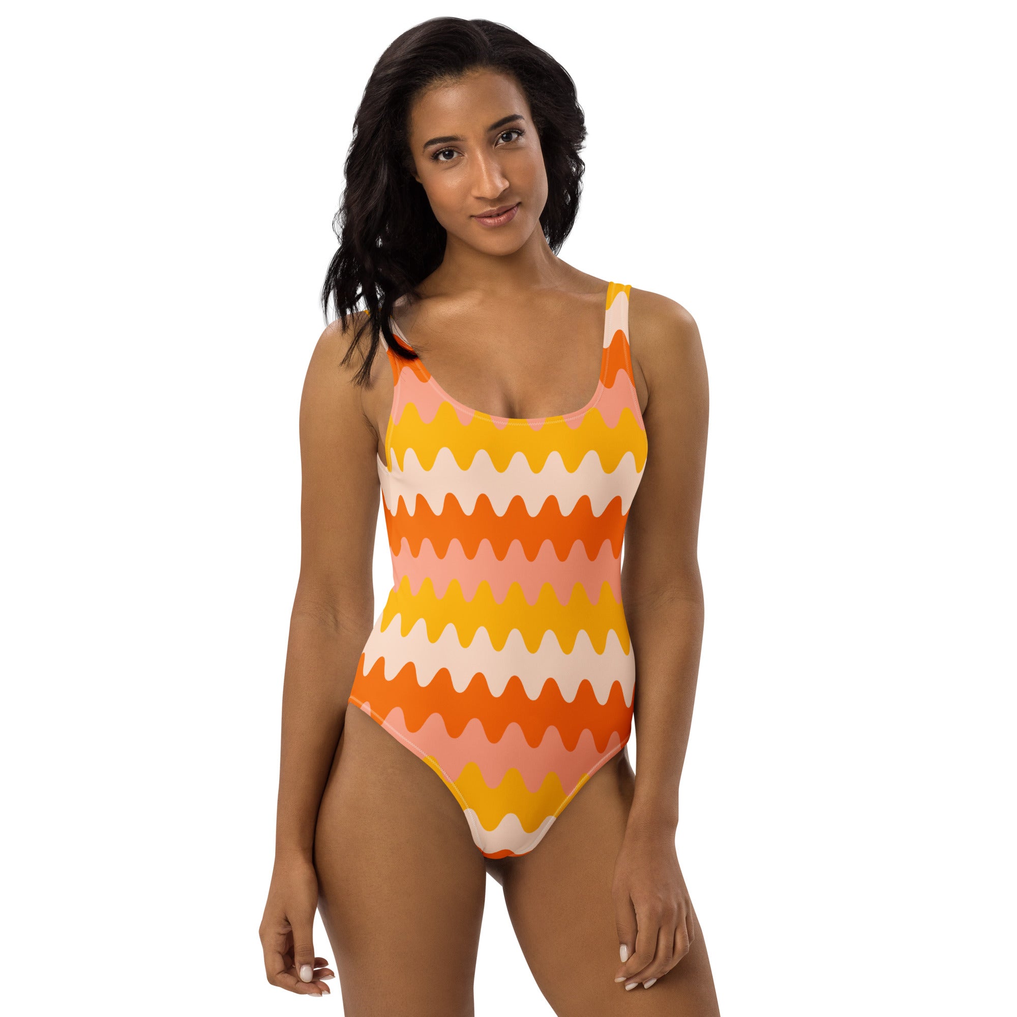 Women's Orange Retro Wavy Buttery Soft Swimsuit With UPF 50+