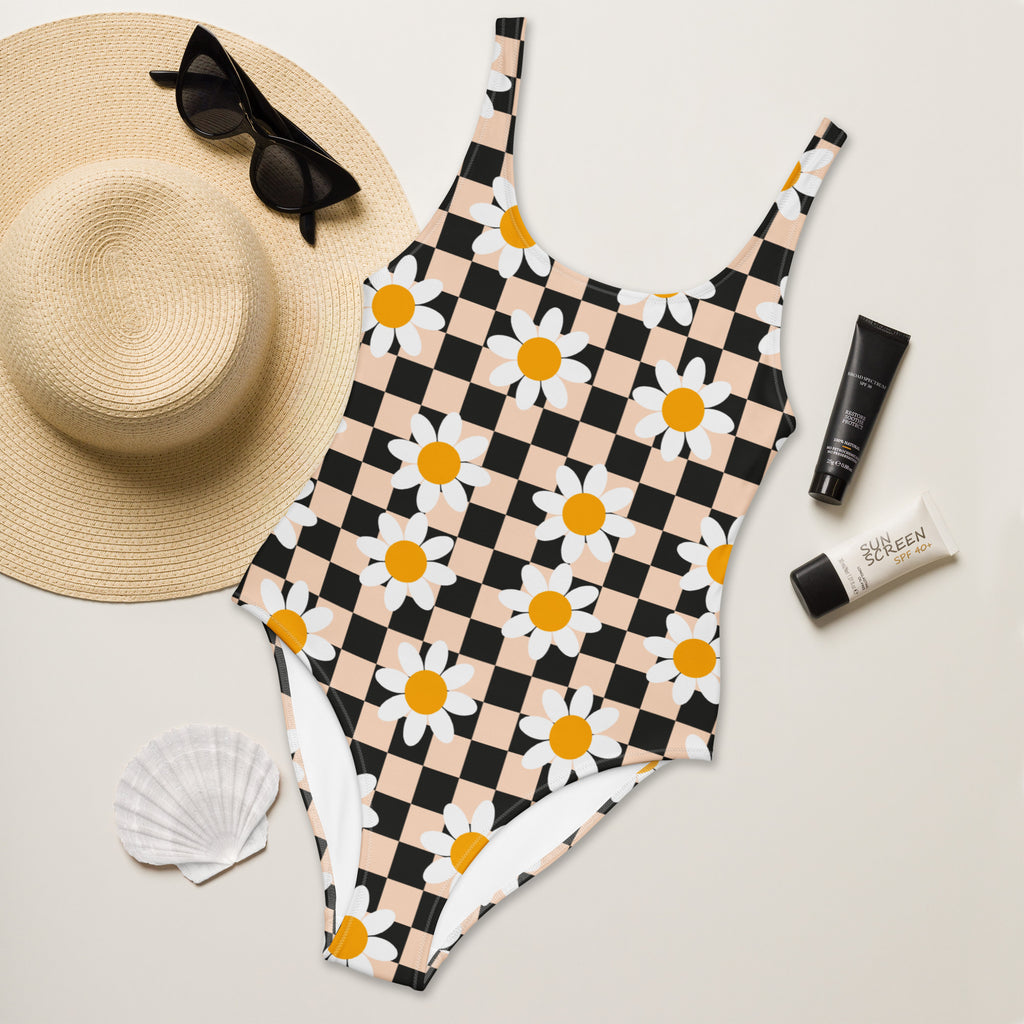 Women's Retro Checkerboard Daisy Buttery Soft Swimsuit With UPF 50+
