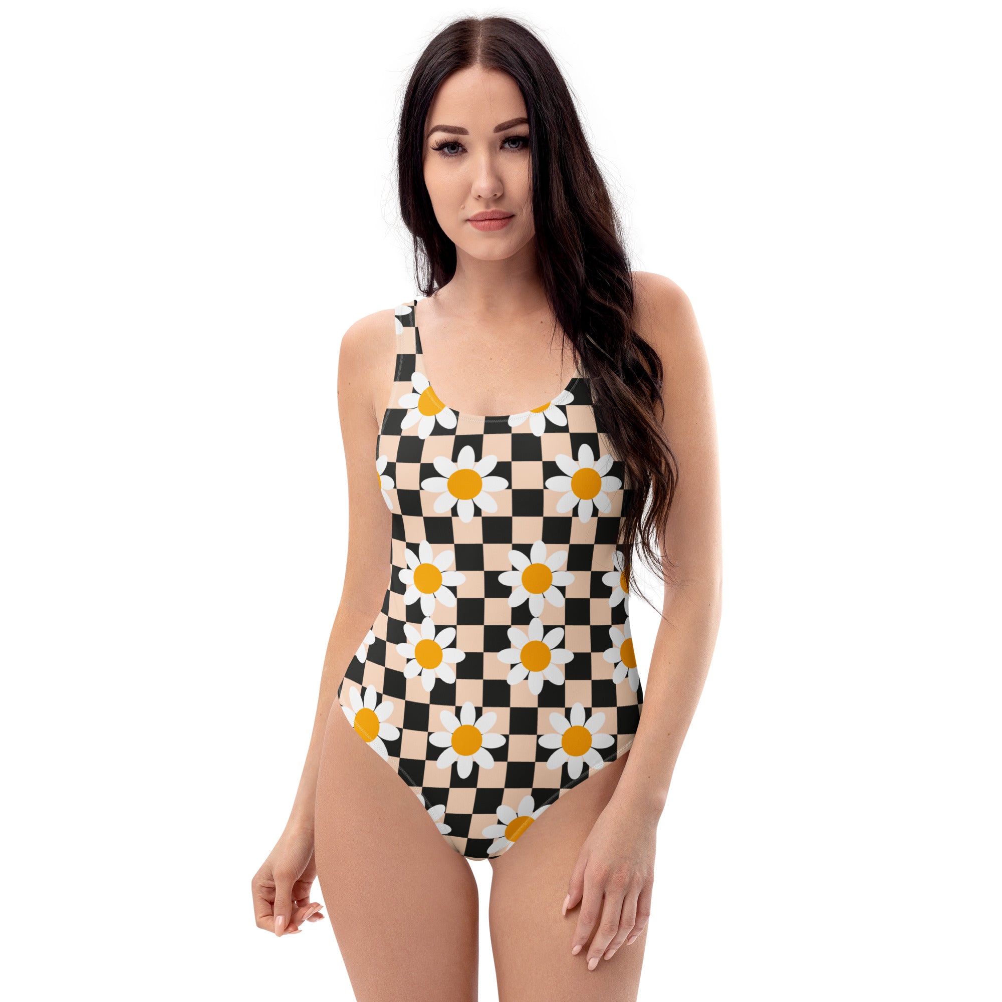 Women's Retro Checkerboard Daisy Buttery Soft Swimsuit With UPF 50+