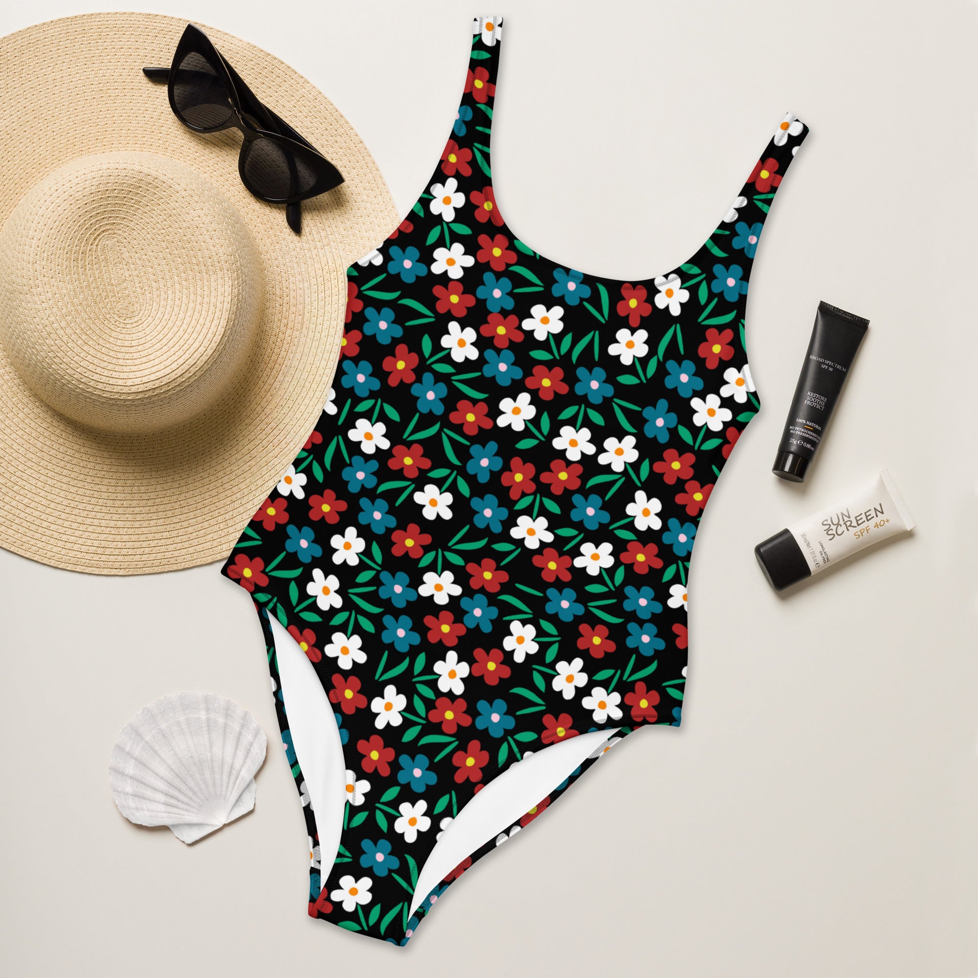 Women's Retro Colorful Floral Daisy Buttery Soft Swimsuit With UPF 50+