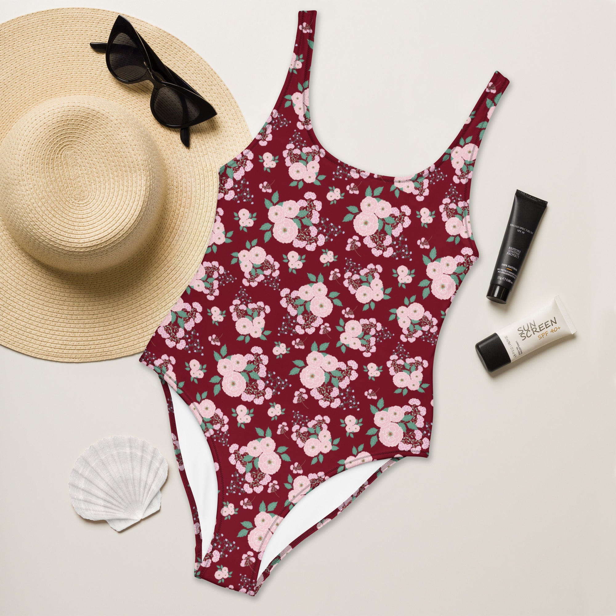 Women's Burgundy Floral Buttery Soft Swimsuit With UPF 50+