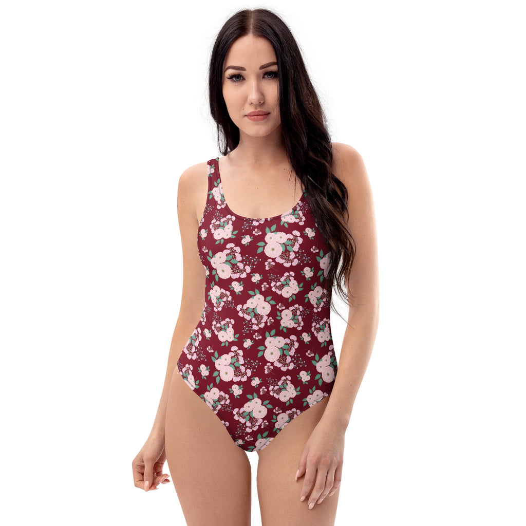 Women's Burgundy Floral Buttery Soft Swimsuit With UPF 50+