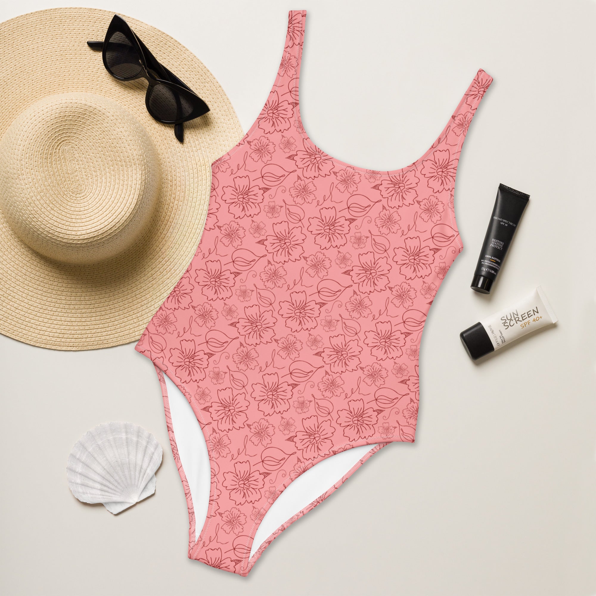 Women's Pink Floral Outline Buttery Soft Swimsuit With UPF 50+