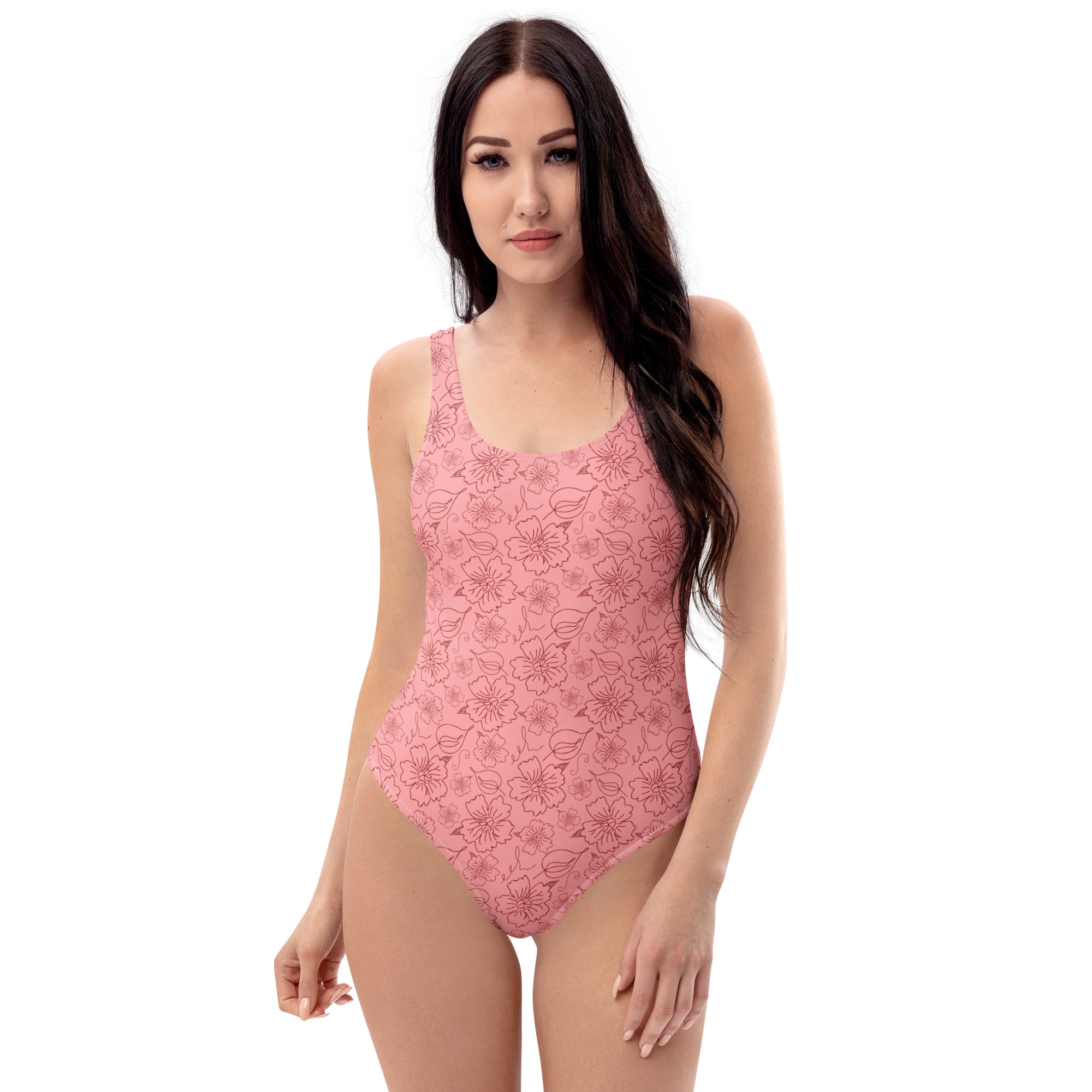 Women's Pink Floral Outline Buttery Soft Swimsuit With UPF 50+