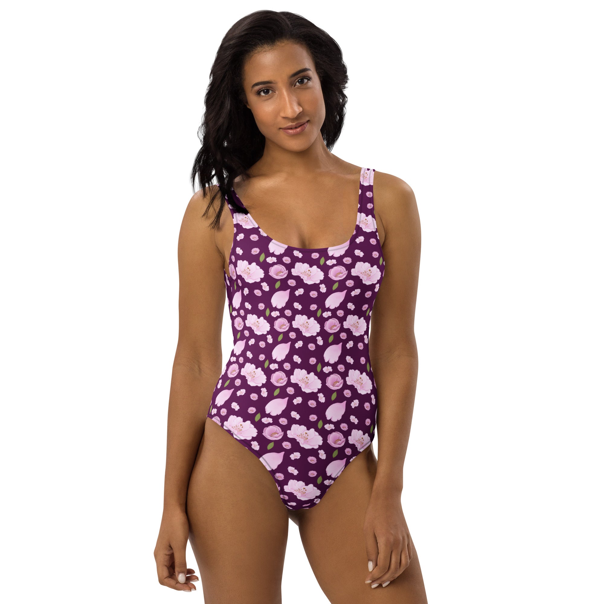 Women's Purple Cherry Blossom Buttery Soft Swimsuit With UPF 50+