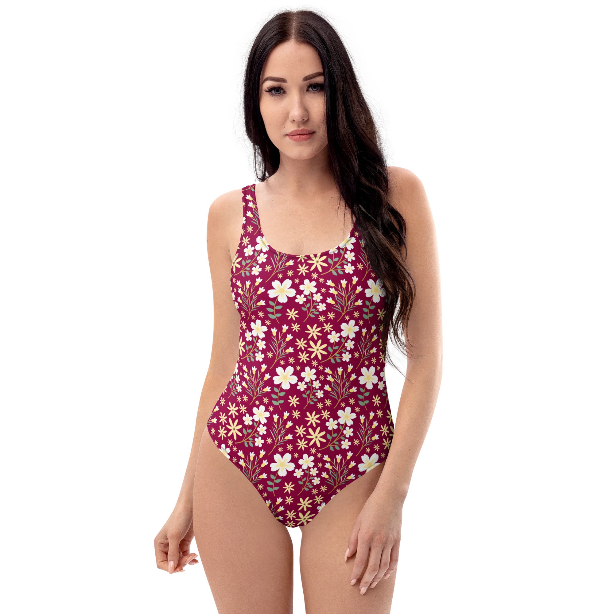 Women's Burgundy Wildflower Buttery Soft Swimsuit With UPF 50+