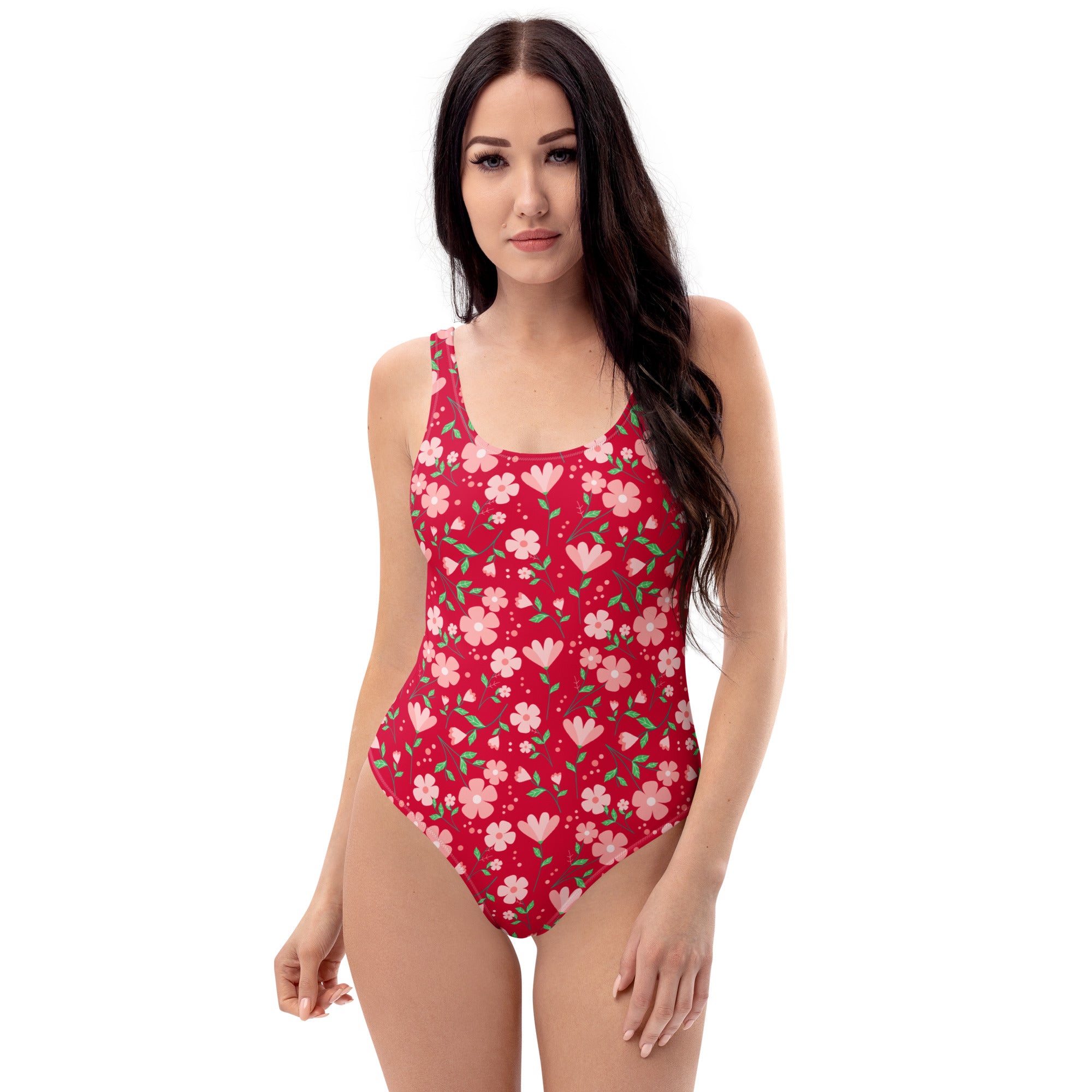 Women's Retro Bright Pink Floral Buttery Soft Swimsuit With UPF 50+