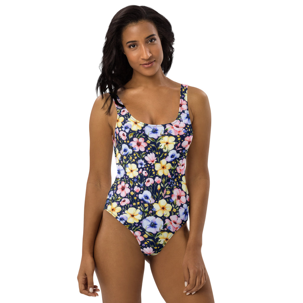 Women's Navy Watercolor Floral Buttery Soft Swimsuit With UPF 50+