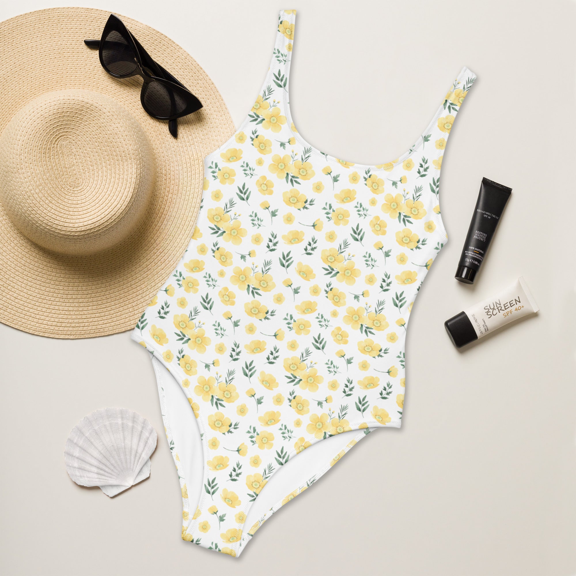 Women's Yellow Wildflower Buttery Soft Swimsuit With UPF 50+