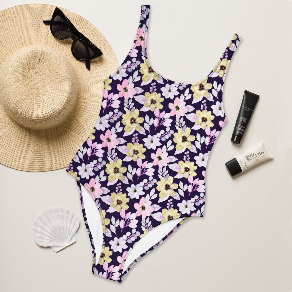 Women's Watercolor Purple Wildflower Buttery Soft Swimsuit With UPF 50+
