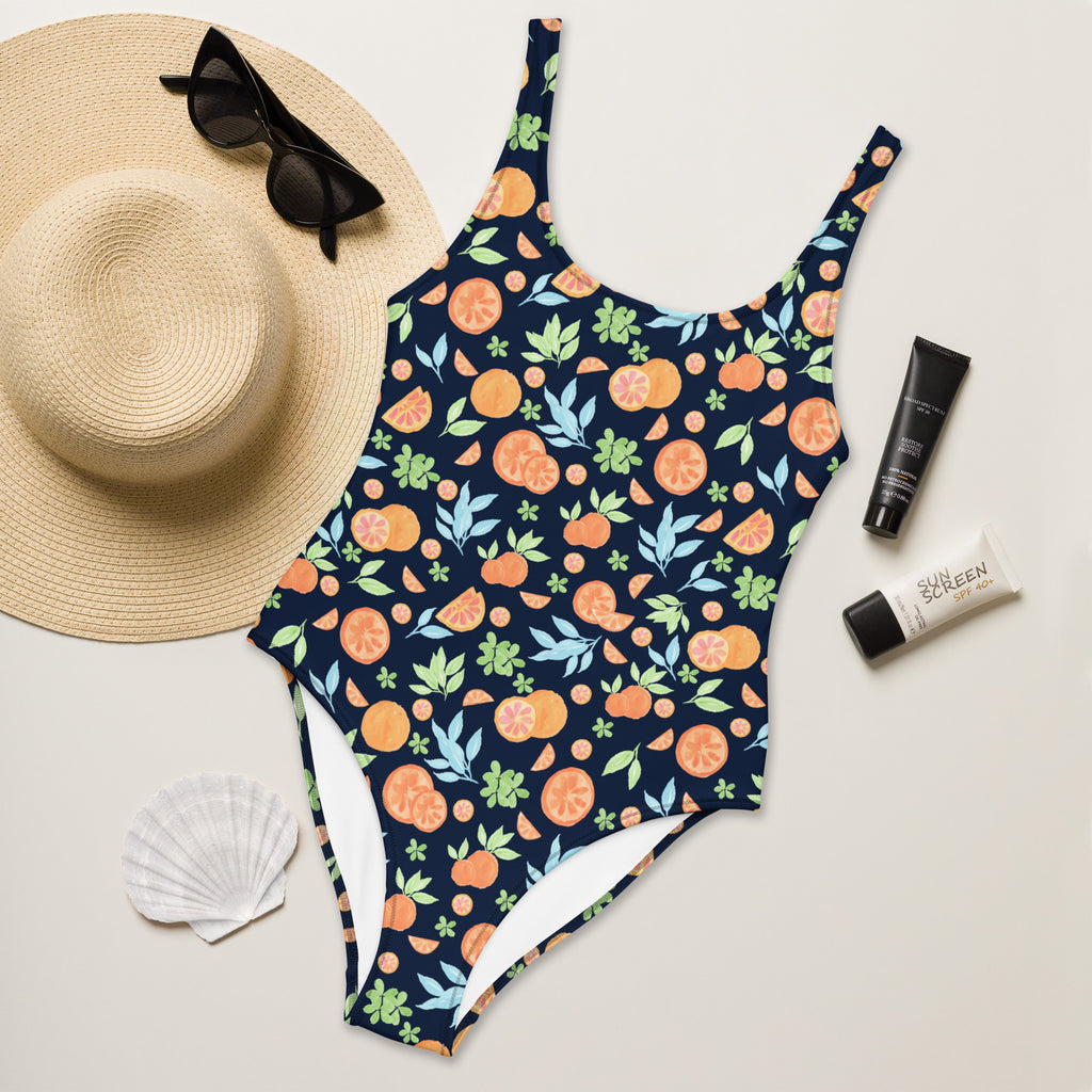 Women's Navy Orange Citrus Fruit Buttery Soft Swimsuit With UPF 50+