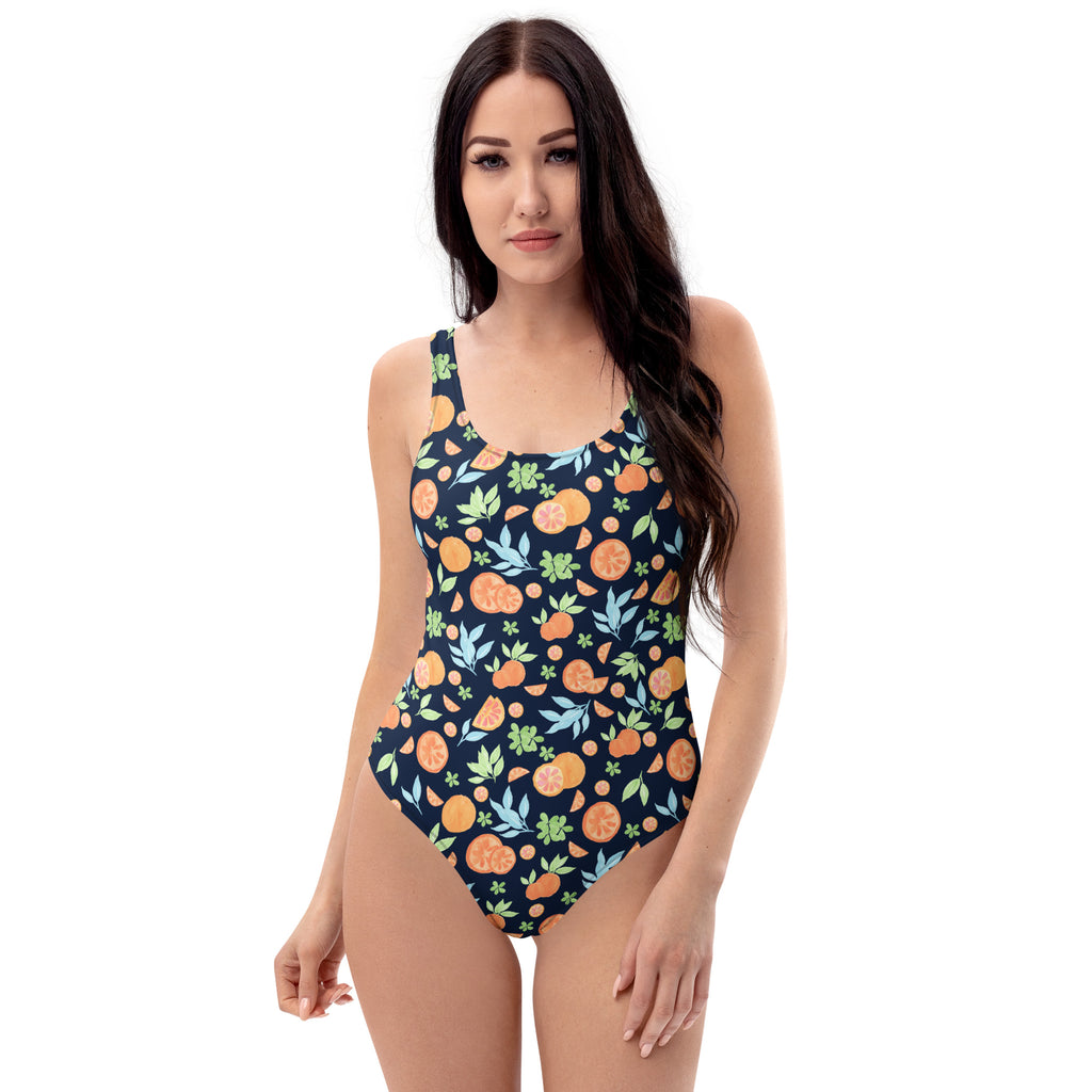 Women's Navy Orange Citrus Fruit Buttery Soft Swimsuit With UPF 50+