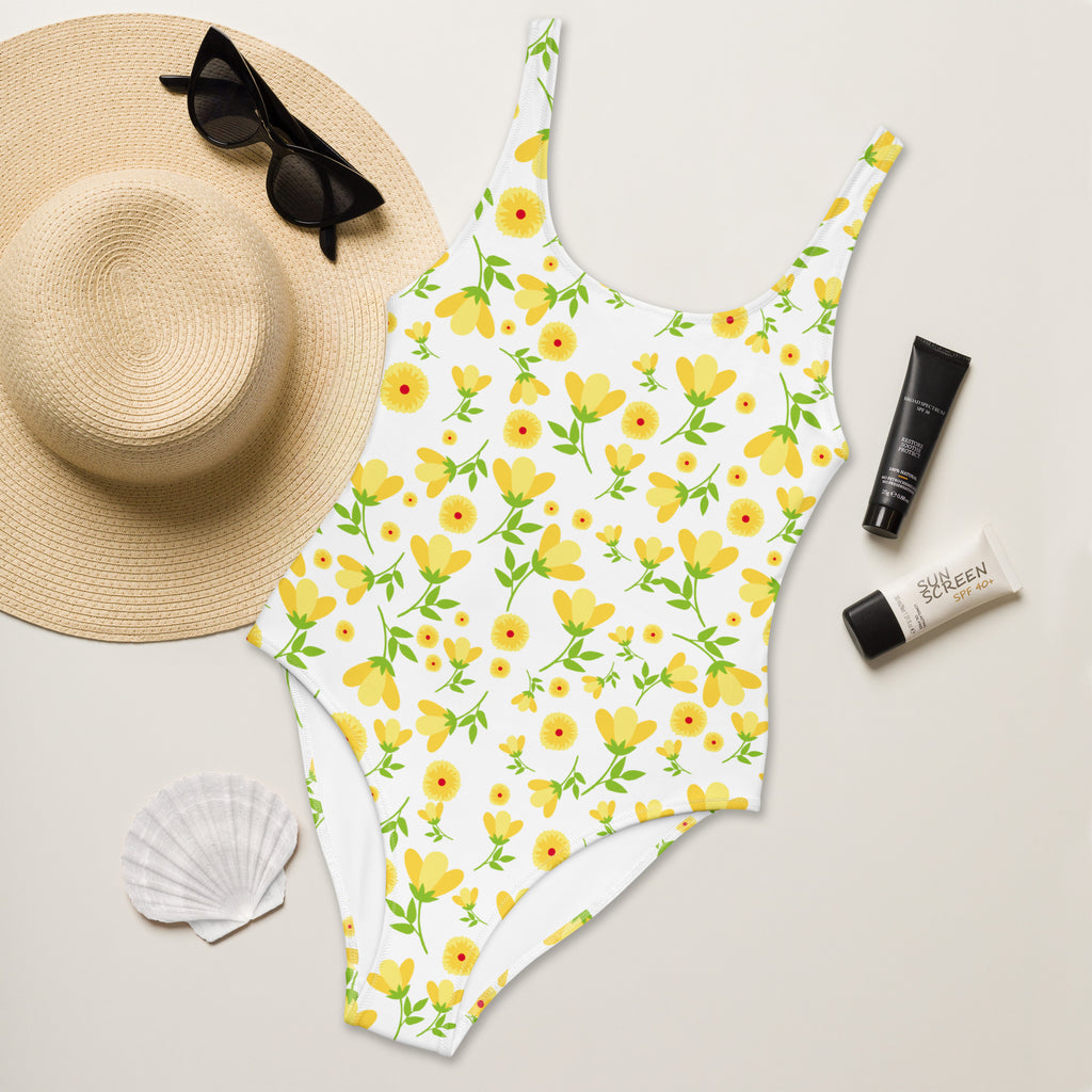 Women's Yellow Retro Flower Buttery Soft Swimsuit With UPF 50+