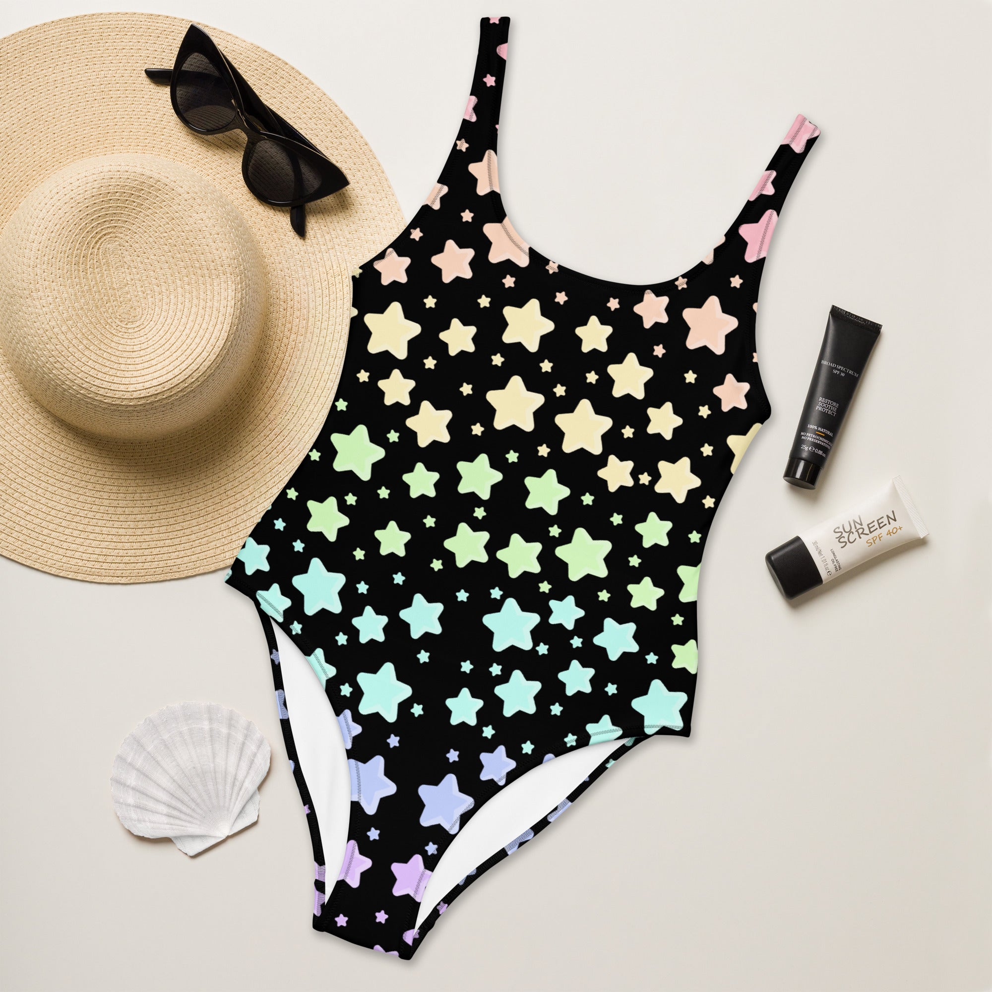 Women's Pastel Rainbow Star Buttery Soft Swimsuit With UPF 50+