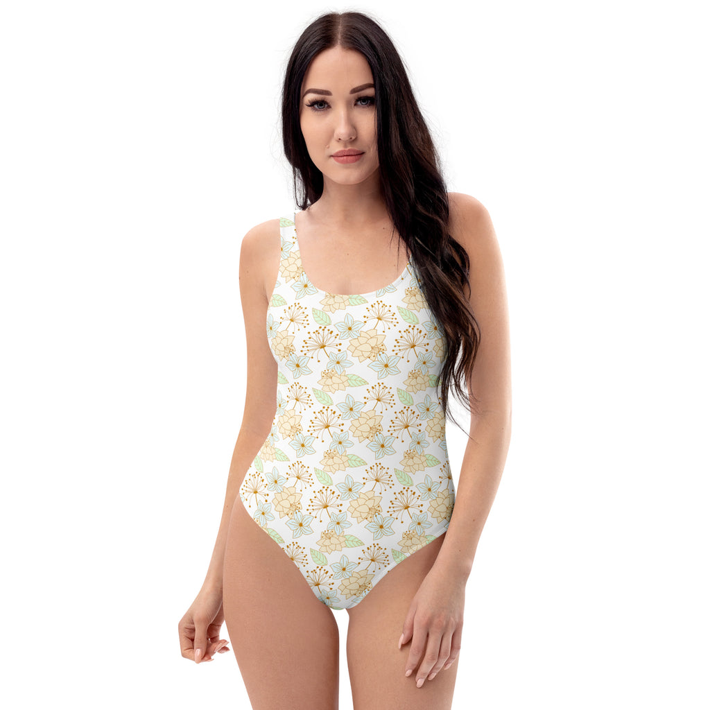 Women's Elegant Beige Botanical Buttery Soft Swimsuit With UPF 50+