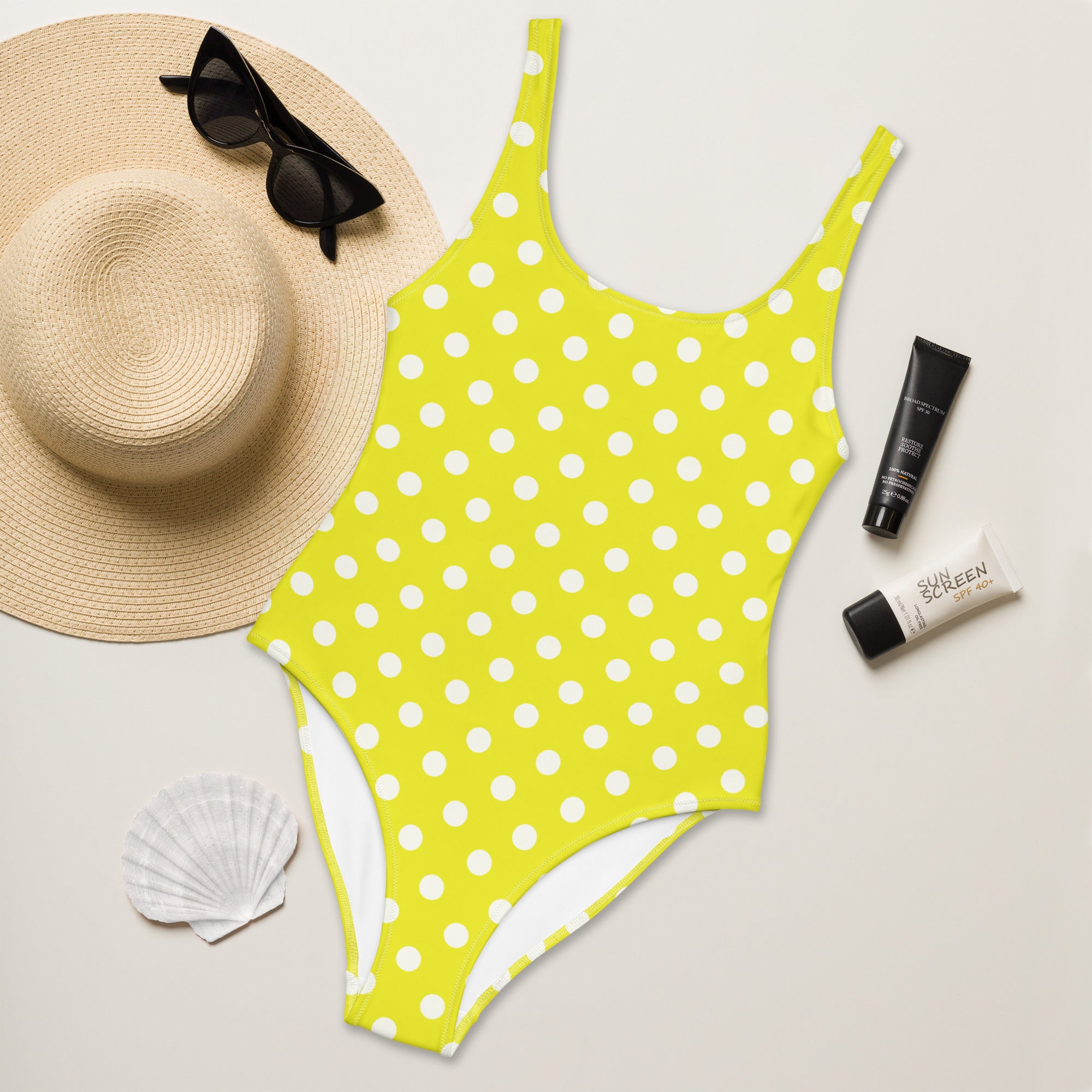 Women's Yellow Polka Dot Buttery Soft Swimsuit With UPF 50+