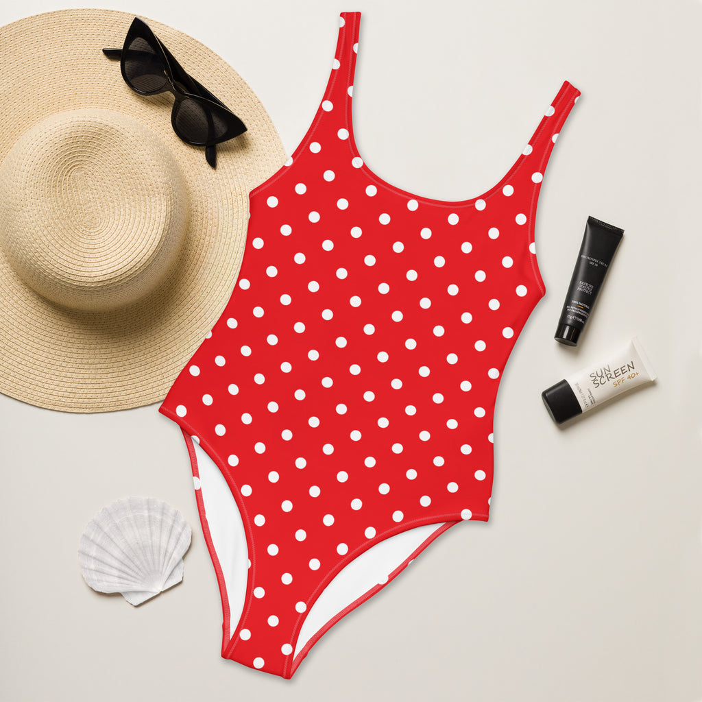 Women's Red Polka Dot Buttery Soft Swimsuit With UPF 50+