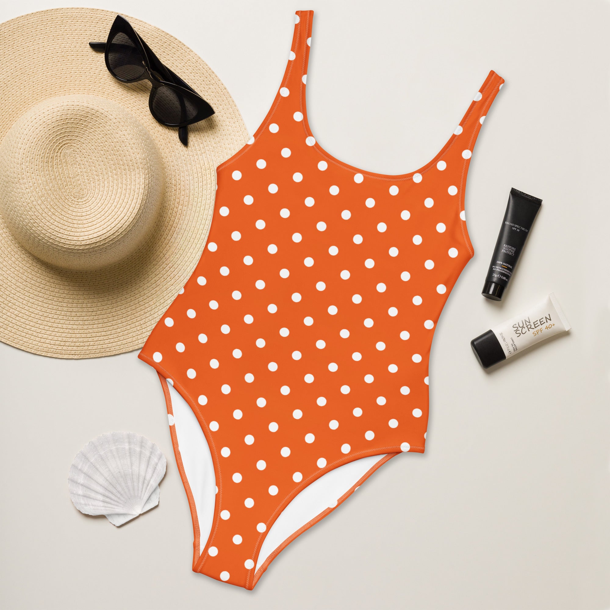Women's Orange Polka Dot Buttery Soft Swimsuit With UPF 50+