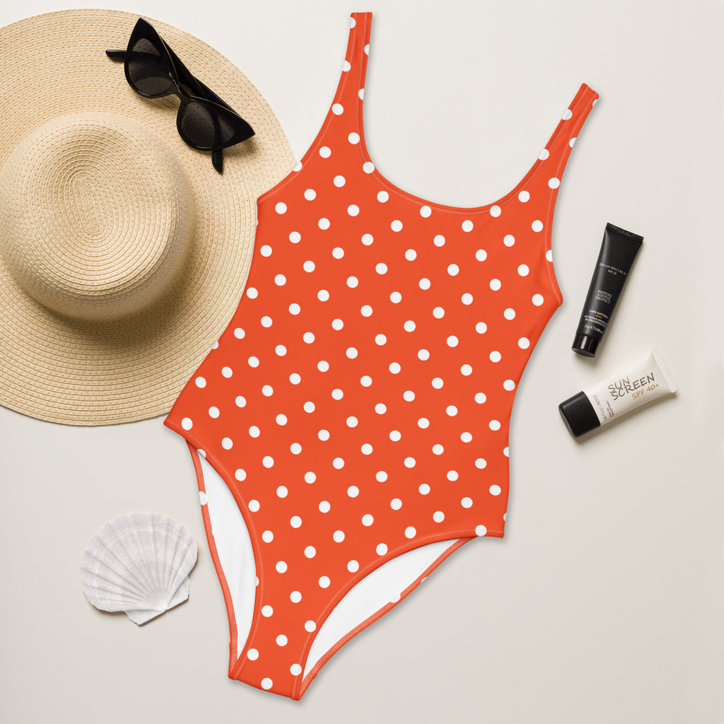 Women's Bright Orange Polka Dot Buttery Soft Swimsuit With UPF 50+