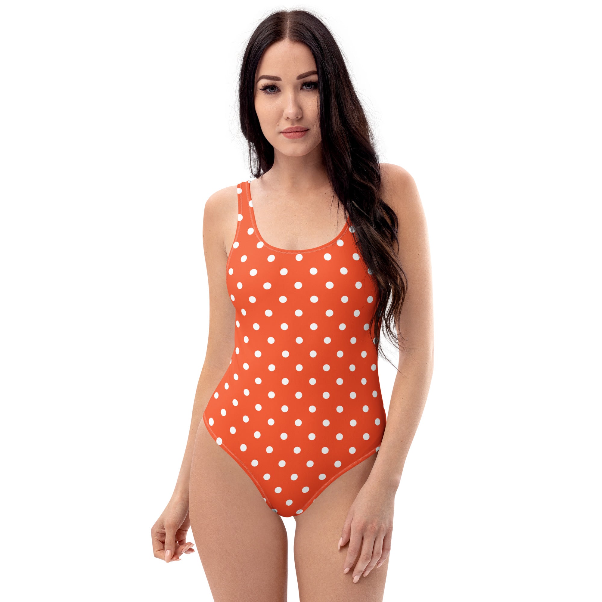 Women's Bright Orange Polka Dot Buttery Soft Swimsuit With UPF 50+