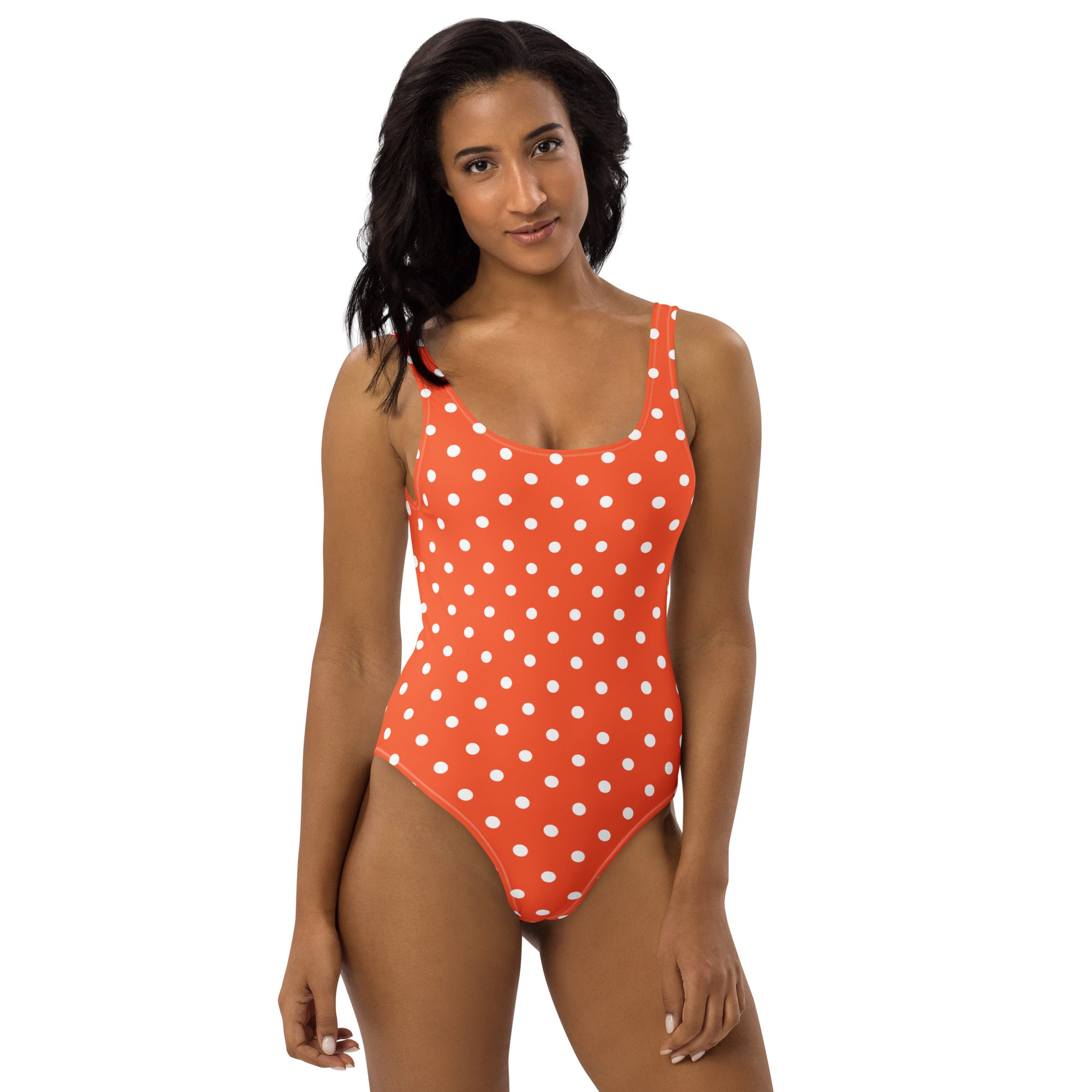 Women's Bright Orange Polka Dot Buttery Soft Swimsuit With UPF 50+