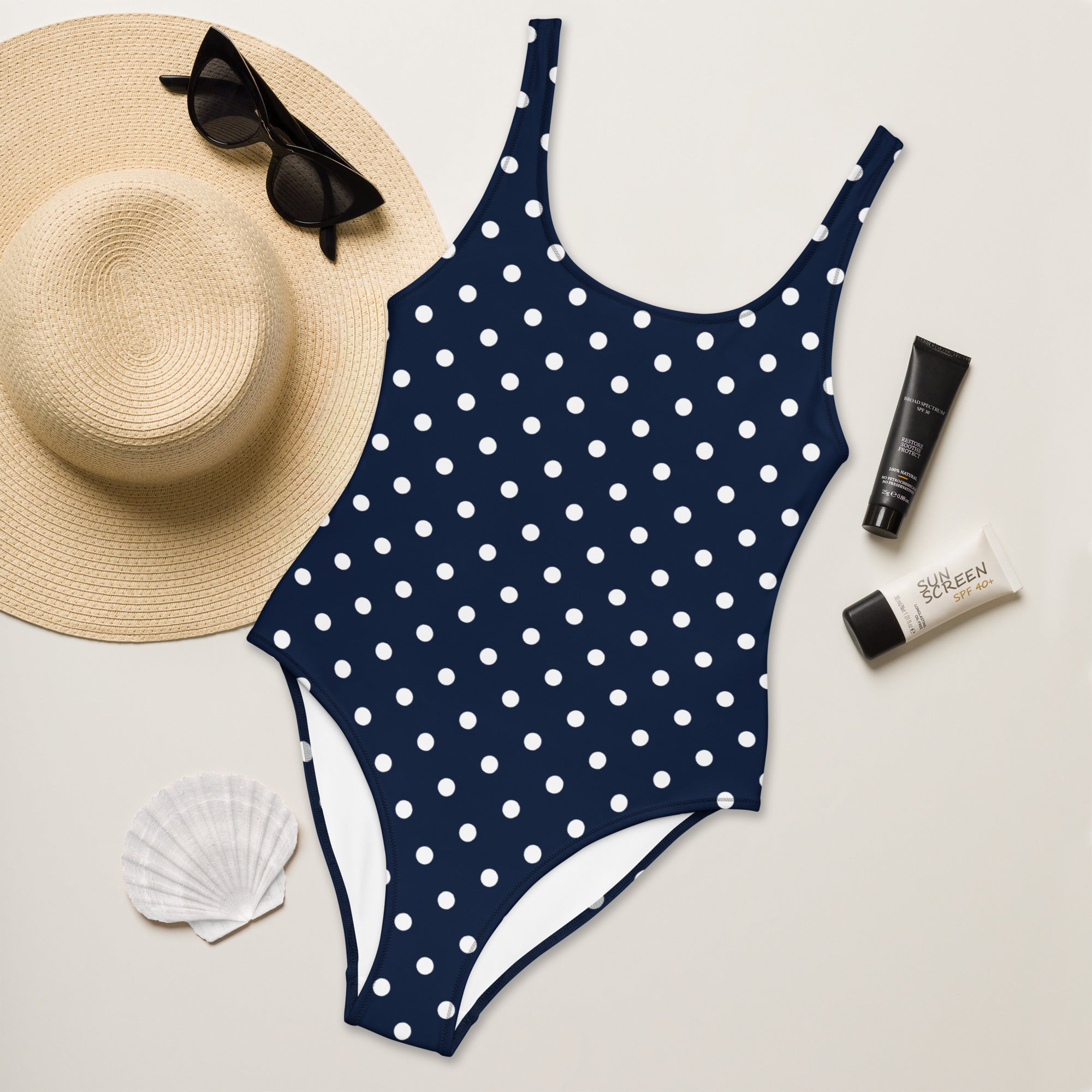 Women's Navy Blue Polka Dot Buttery Soft Swimsuit With UPF 50+