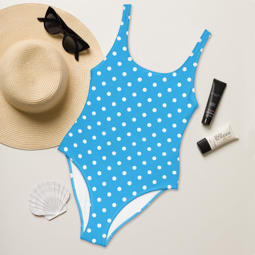 Women's Sky Blue Polka Dot Buttery Soft Swimsuit With UPF 50+