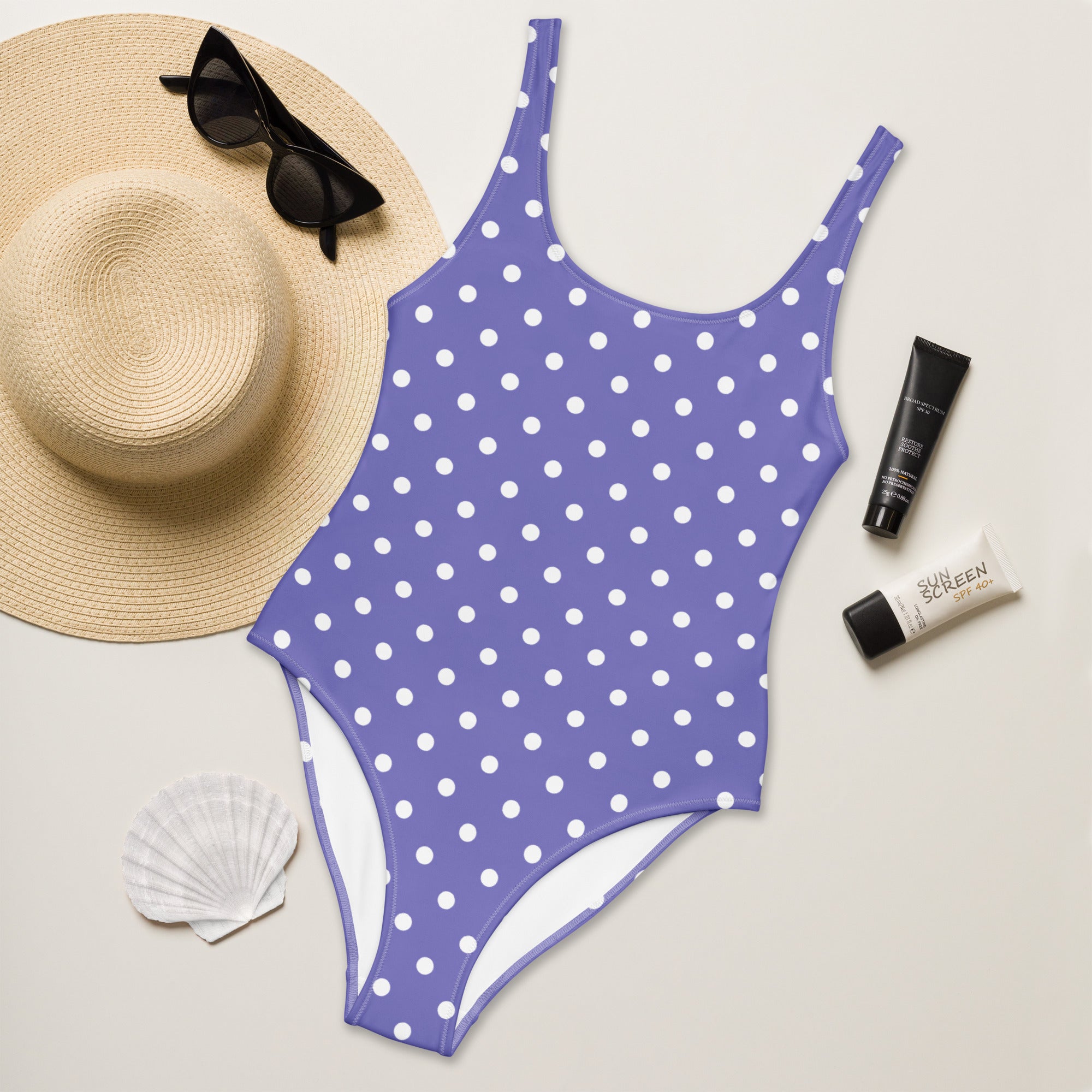 Women's Purple Polka Dot Buttery Soft Swimsuit With UPF 50+