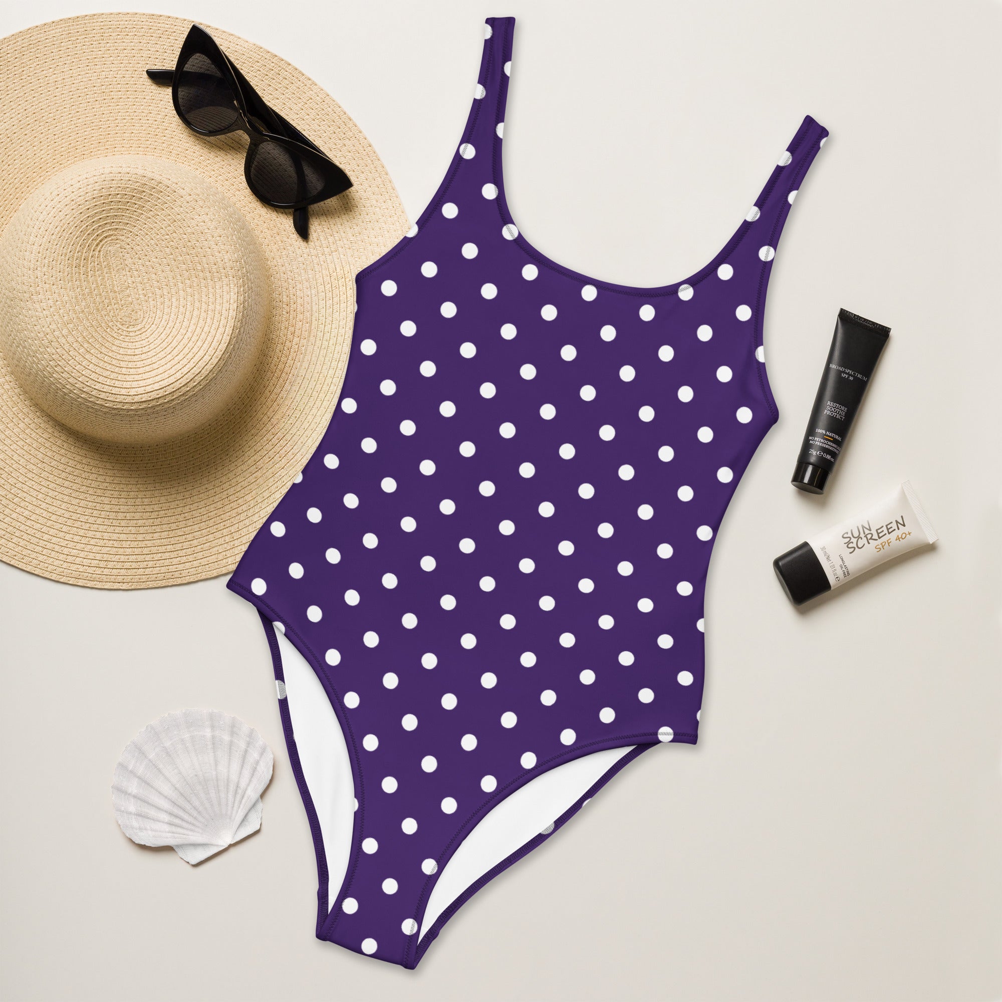 Women's Dark Purple Polka Dot Buttery Soft Swimsuit With UPF 50+