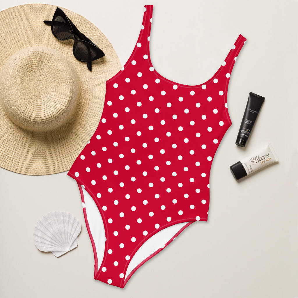 Women's Cherry Red Polka Dot Buttery Soft Swimsuit With UPF 50+