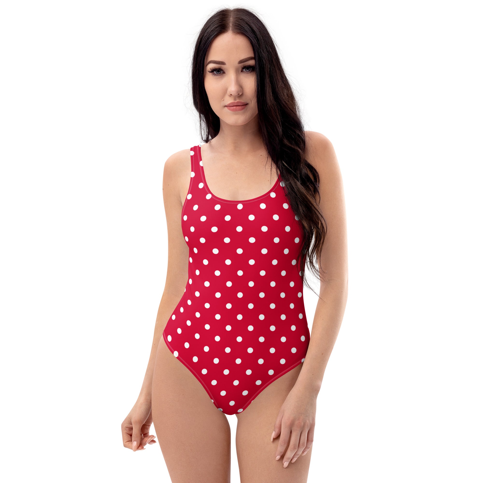 Women's Cherry Red Polka Dot Buttery Soft Swimsuit With UPF 50+