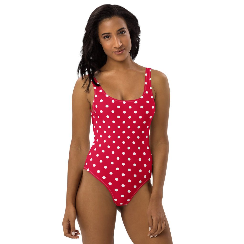 Women's Cherry Red Polka Dot Buttery Soft Swimsuit With UPF 50+