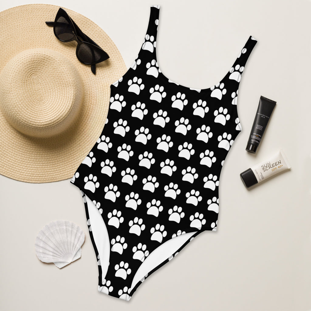 Women's Black Paw Print Buttery Soft Swimsuit With UPF 50+