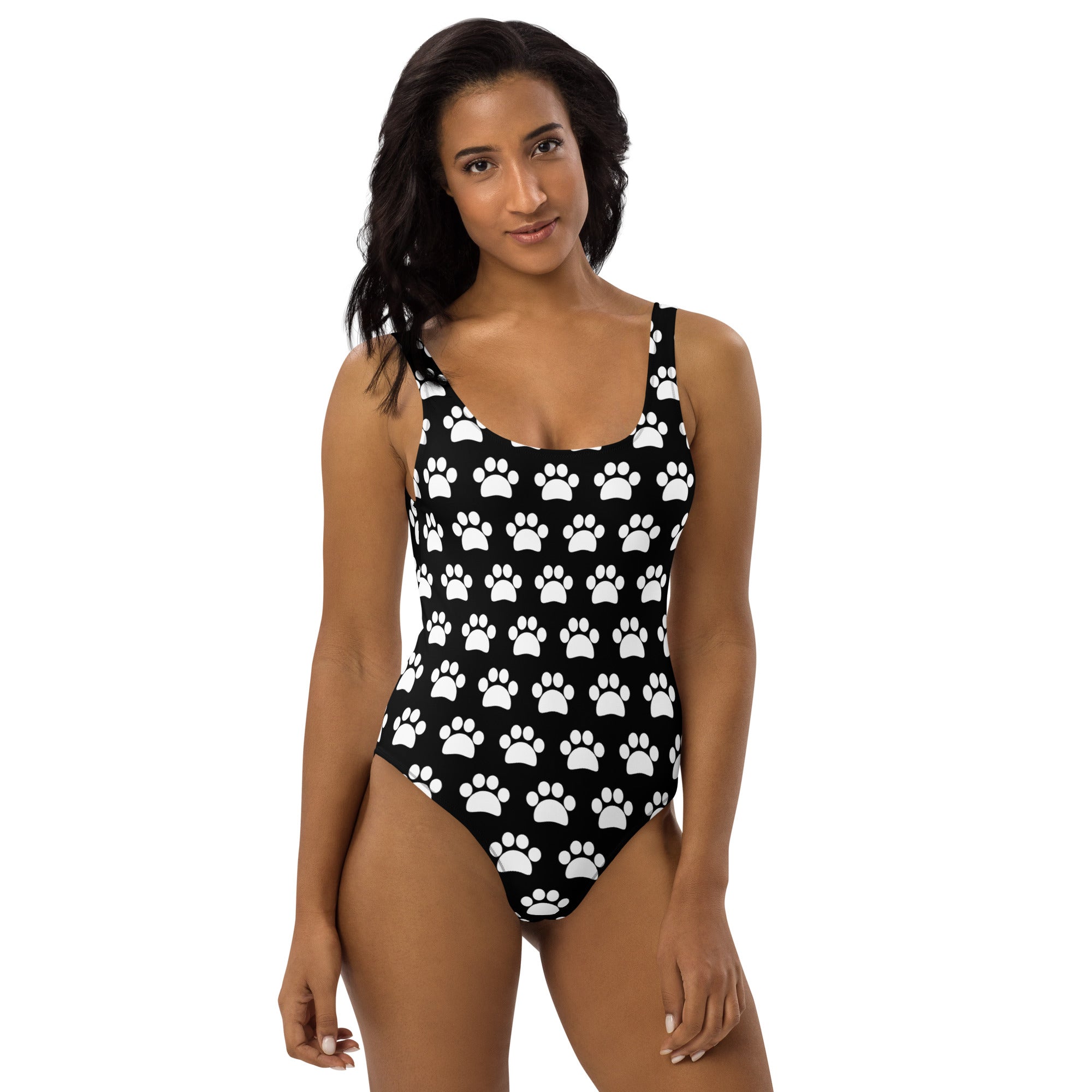 Women's Black Paw Print Buttery Soft Swimsuit With UPF 50+