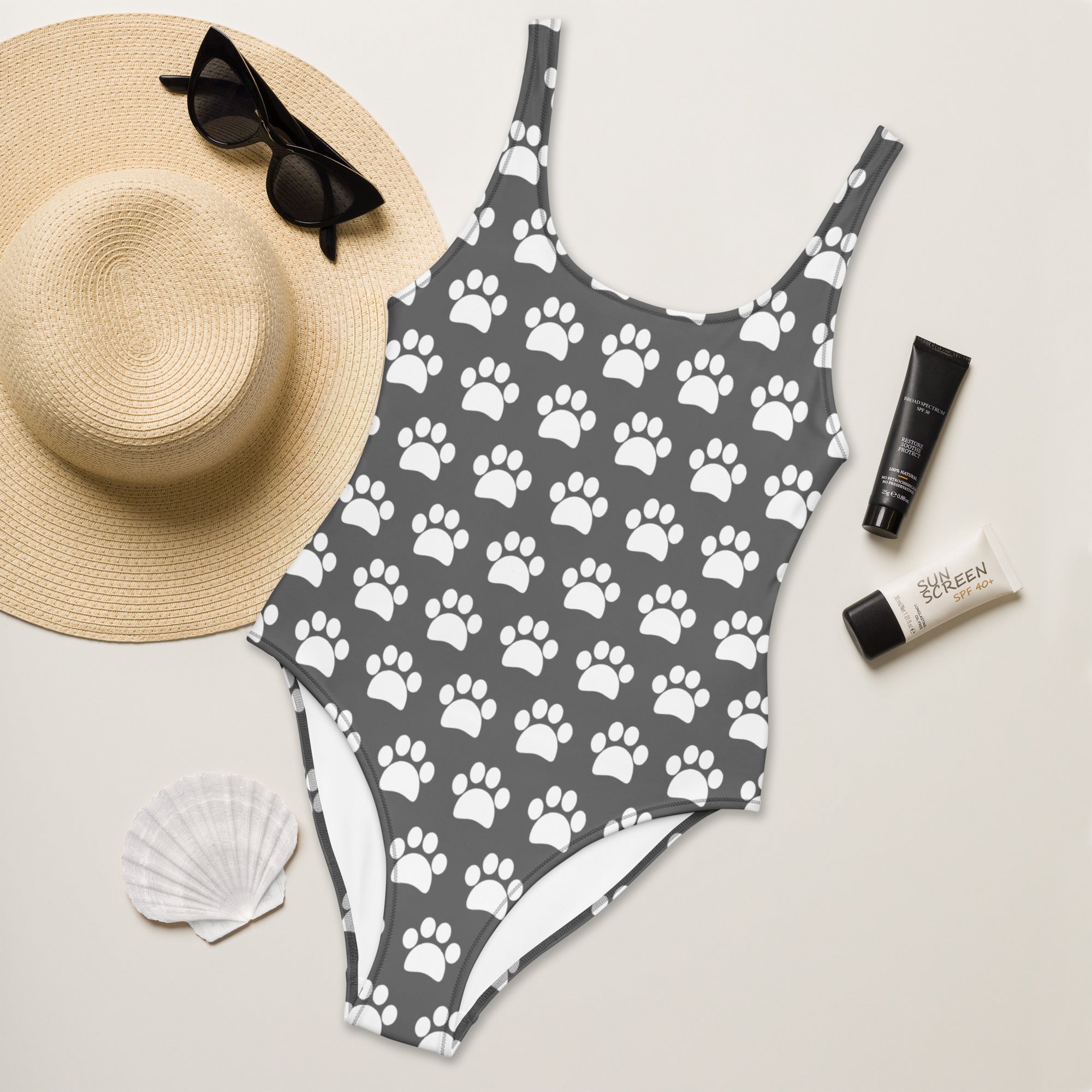Women's Gray Paw Print Buttery Soft Swimsuit With UPF 50+